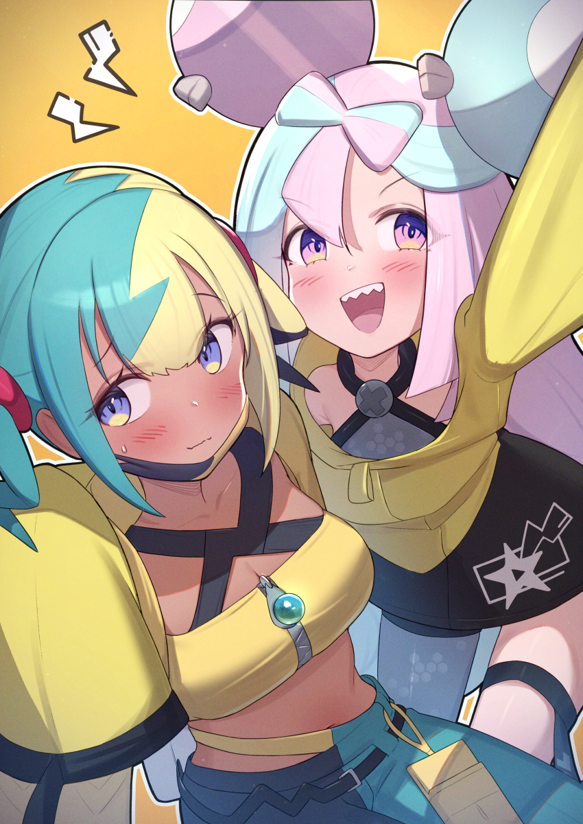 uneg, canari (pokemon), iono (pokemon), nintendo, pokemon, commentary, copyright request, highres, symbol-only commentary, 2girls, blonde hair, blue hair, bow-shaped hair, breasts, closed mouth, dark-skinned female, dark skin, double bun, hair bun, jacket, long sleeves, medium breasts, multicolored hair, multiple girls, outline, oversized clothes, pink hair, purple eyes, sharp teeth, simple background, sleeves past fingers, sleeves past wrists, split-color hair, sports bra, teeth, upper teeth only, white outline, yellow background, yellow jacket, yellow sports bra