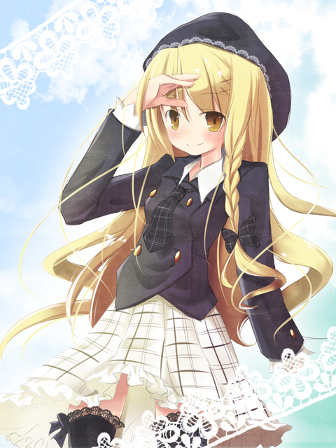 amane (pixiv393859), kirisame marisa, touhou, bad id, bad pixiv id, inactive account, 1girl, blonde hair, braid, casual, female focus, hat, long hair, necktie, skirt, smile, solo, yellow eyes