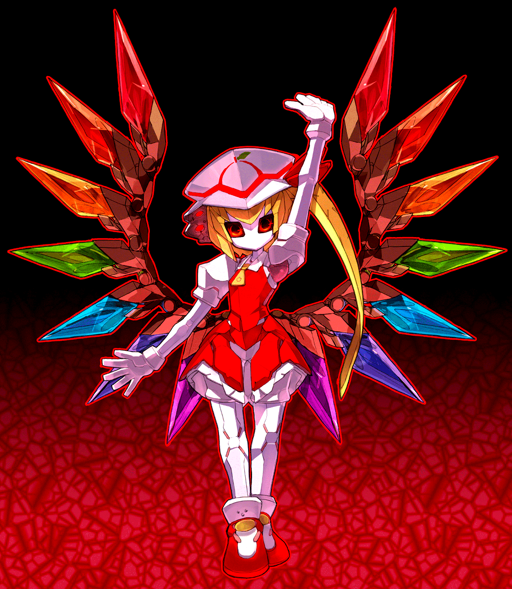 kusanagi kaoru, flandre scarlet, medarot, touhou, highres, 1girl, arm up, blonde hair, female focus, hat, mecha musume, mechanization, rainbow order, red background, red eyes, robot, side ponytail, solo, wings