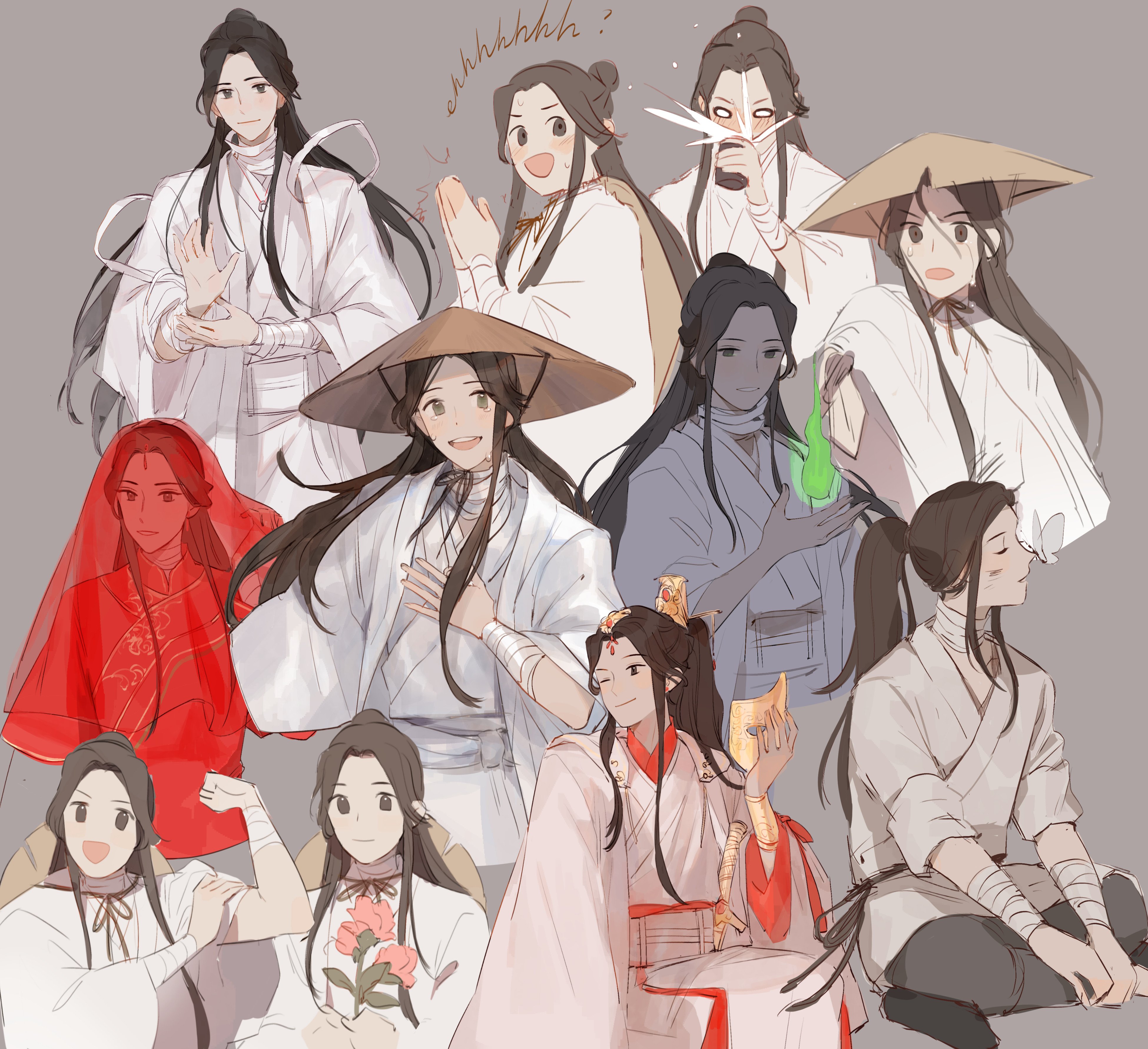 carm (ruoyeahs), xie lian, xie lian (flower crowned martial god), tianguan cifu, silver ring, absurdres, highres, 1boy, :d, ;), bandaged neck, bandaged wrist, bandages, black hair, blush, bracelet, bridal veil, bug, butterfly, butterfly on nose, chinese clothes, chinese hairpin, clenched hand, closed mouth, collarbone peek, cropped legs, cropped torso, crying, crying with eyes open, cup, cupping hand, dilated pupils, dirty, dirty face, drink, earrings, embarrassed, facing viewer, fingernails, floating hair, flower, forehead jewel, gold bracelet, green eyes, grey background, grey pants, grin, hair bun, half-closed eyes, hand on own arm, hand on own chest, hand on own wrist, hand up, hands on own legs, hanfu, happy, happy tears, hat, high ponytail, hitodama, holding, holding cup, holding flower, holding mask, holding sword, holding weapon, indian style, insect, jewelry, light smile, long hair, long sidelocks, looking afar, looking at viewer, male focus, mandarin collar, mask, multiple views, necklace, nervous, no nose, one eye closed, open mouth, ornate clothes, outstretched hand, own hands clasped, own hands together, pants, parted bangs, parted lips, pink flower, ponytail, profile, red veil, rice hat, ring, ring necklace, serious, sheath, sheathed, sidelocks, simple background, simple flower, single hair bun, sitting, sleeves rolled up, smile, solid circle eyes, spitting, standing, streaming tears, sweatdrop, sword, tearing up, tears, teeth, traumatized, unworn mask, upper teeth only, veil, very long hair, weapon, white hanfu, wide-eyed, wide sleeves, xiao guan (headdress)