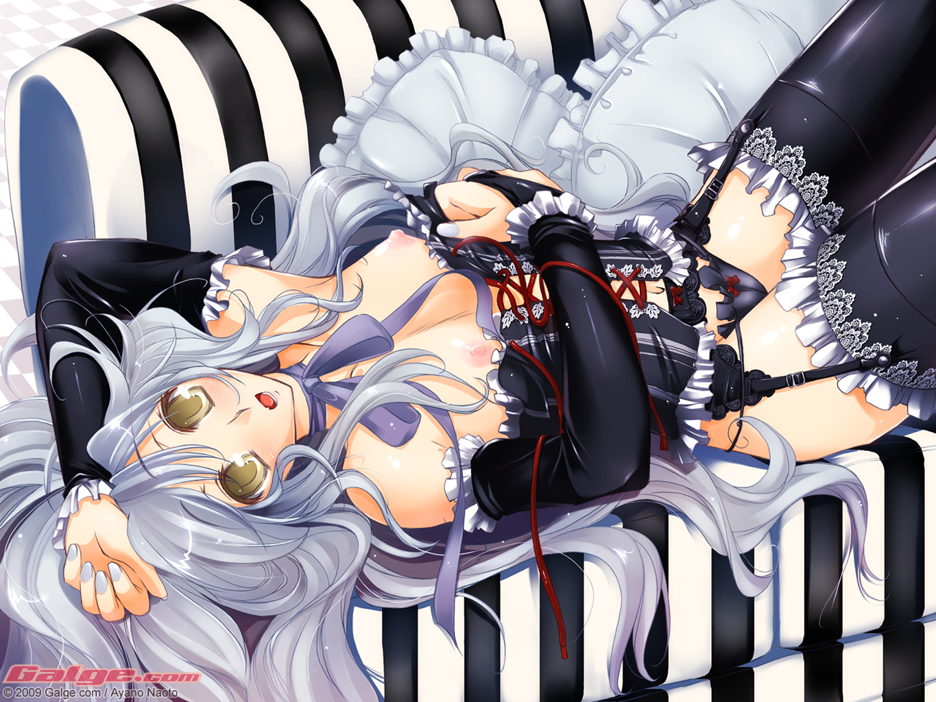 ayano naoto, galge.com, 1girl, 2009, blue hair, blush, breasts, clothes pull, corset, elbow gloves, female focus, flat chest, frilled pillow, frills, garter belt, gloves, long hair, lying, navel, panties, pillow, shirt pull, solo, thighhighs, underwear, yellow eyes