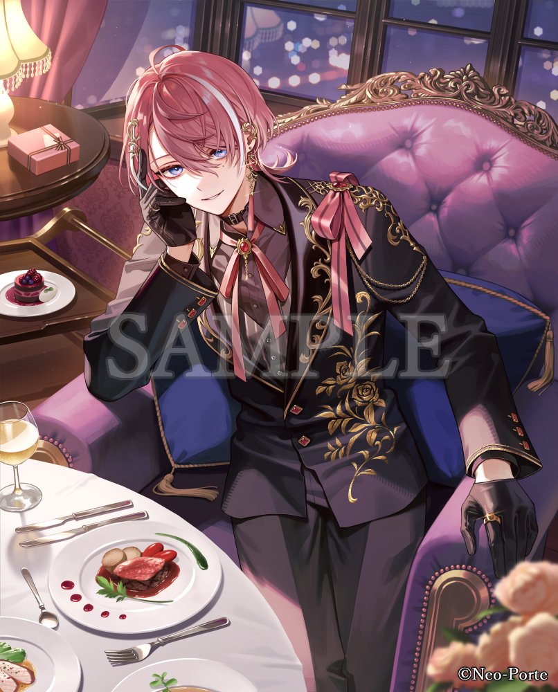 esukee, minase (neo-porte), neo-porte, official art, 1boy, ahoge, alcohol, armchair, belt collar, black collar, black gloves, black jacket, black pants, black suit, blurry, bokeh, box, brooch, brown shirt, buttons, cake, carpet, chair, cherry tomato, collar, collared shirt, copyright notice, cowboy shot, cuff links, cup, curtains, cushion, depth of field, diamond button, drinking glass, ear covers, earrings, elbow rest, fish (food), floral print, floral print jacket, flower, food, fork, formal clothes, fruit, garnish, gem, gift, gift box, gloves, gold earrings, gold trim, hair between eyes, hair ornament, hairclip, hand on own cheek, hand on own face, indoors, jacket, jewelry, key, lamp, lapels, long sleeves, looking at viewer, male focus, mole, mole under eye, multicolored hair, muntins, neck ribbon, night, orange flower, orange rose, pants, parted lips, pink hair, pink ribbon, plate, print jacket, purple eyes, raspberry, red gemstone, ribbon, ring, rose, rose print, sample watermark, sauce, serving cart, shawl lapels, shirt, short hair, shoulder necklace, sitting, smile, solo, spoon, steak, streaked hair, suit, suit jacket, table, table knife, tablecloth, tomato, virtual youtuber, watermark, white hair, white wine, window, wine, wine glass
