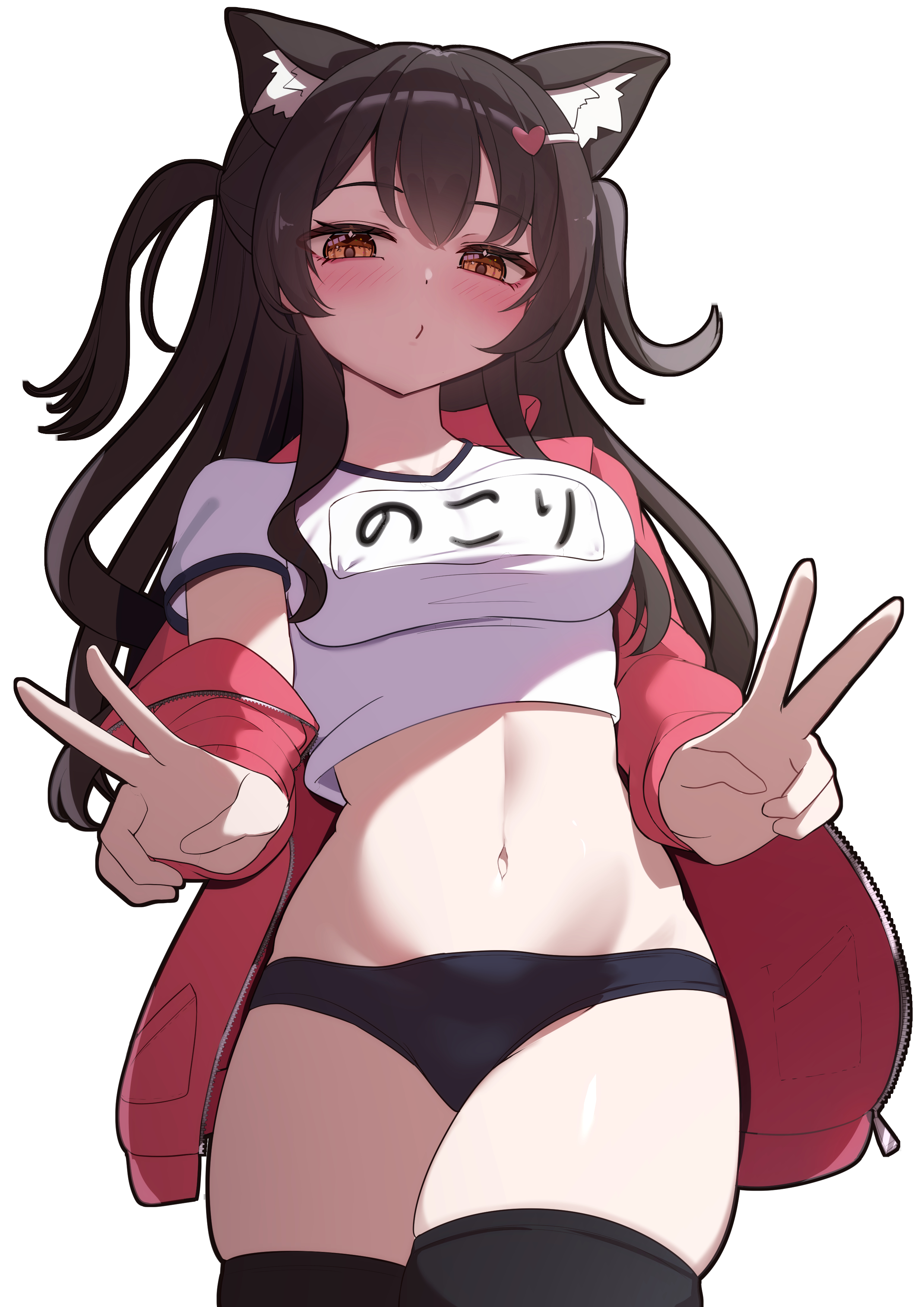akuame (ring3922), indie virtual youtuber, absurdres, highres, 1girl, animal ears, black hair, black thighhighs, blue buruma, brown eyes, buruma, cat ears, double v, gym uniform, jacket, long hair, looking at viewer, name tag, navel, open clothes, open jacket, shirt, thighhighs, track jacket, v, virtual youtuber, white background, white shirt