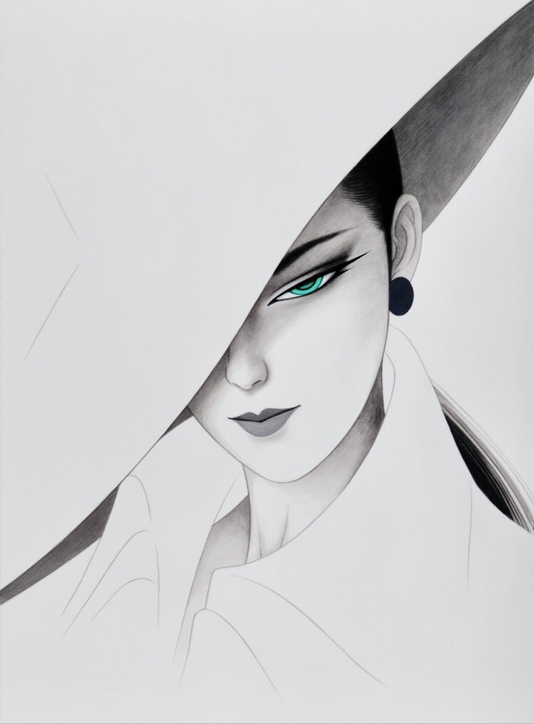 tsuruta ichiro, original, commentary request, 1girl, blue eyes, closed mouth, earrings, eyeliner, greyscale, hat, hat over one eye, jewelry, makeup, mascara, monochrome, ponytail, simple background, solo, spot color