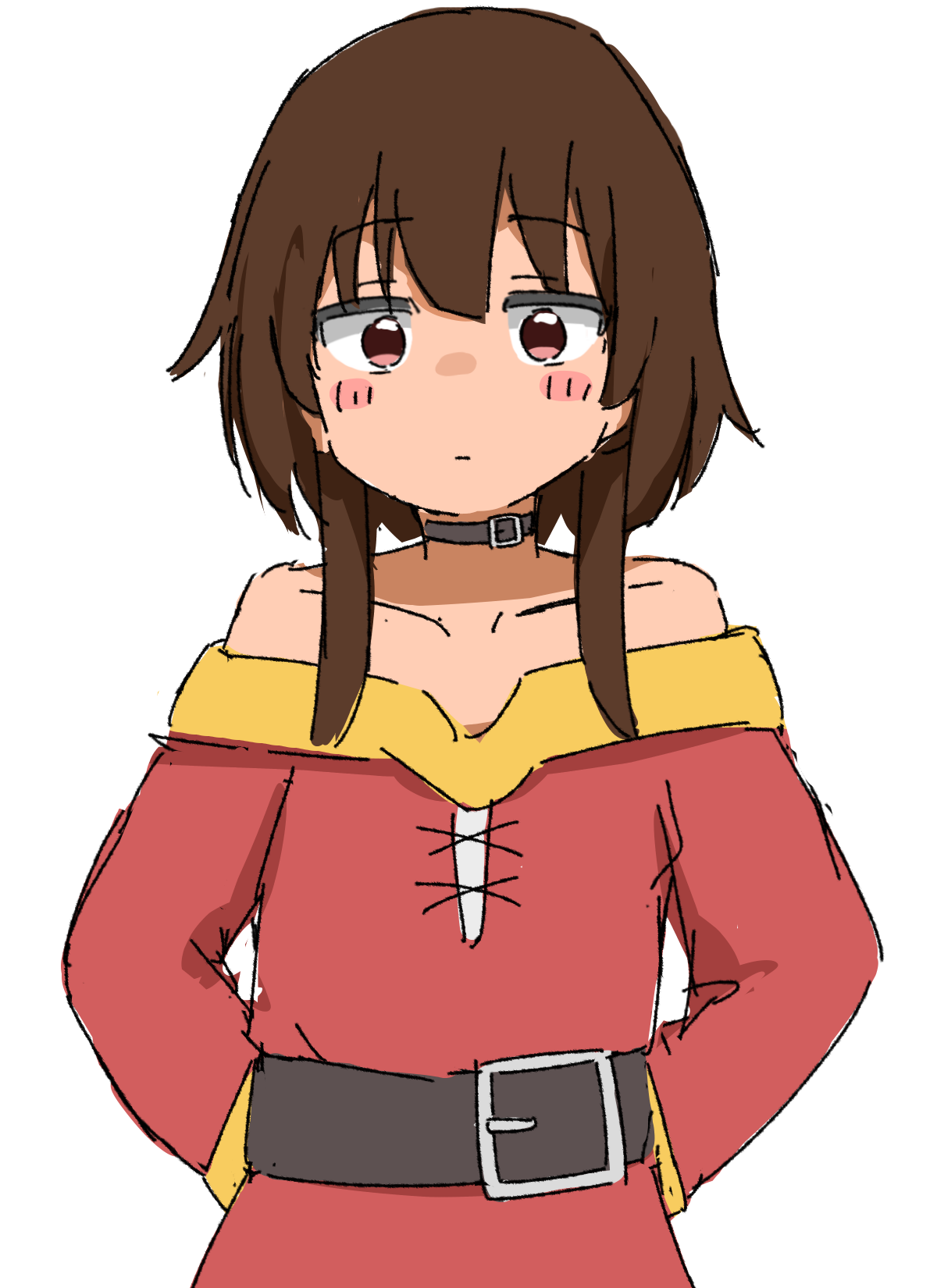megumin, kono subarashii sekai ni shukufuku wo!, highres, 1girl, bare shoulders, blush, closed mouth, collar, kendama club, magical girl, red eyes, simple background, solo, standing, white background