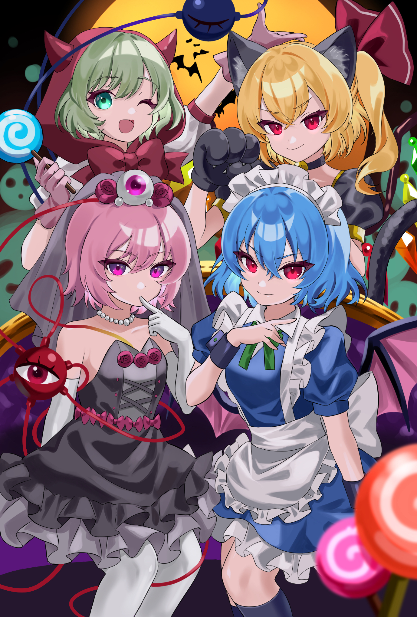 nyumuji ppp, flandre scarlet, komeiji koishi, komeiji satori, remilia scarlet, touhou, highres, 4girls, alternate costume, animal ears, animal hands, apron, bat (animal), bat wings, blonde hair, blue hair, bow, bridal veil, candy, cowboy shot, demon girl, dress, food, frills, gloves, green eyes, halloween, hand up, hat, jewelry, lollipop, looking at viewer, maid apron, maid headdress, multiple girls, necklace, one eye closed, open mouth, pantyhose, paw gloves, paw pose, pearl necklace, pink eyes, pink hair, red eyes, short hair, short sleeves, sleeveless, smile, veil, white gloves, white pantyhose, wings, wolf ears, wolf girl
