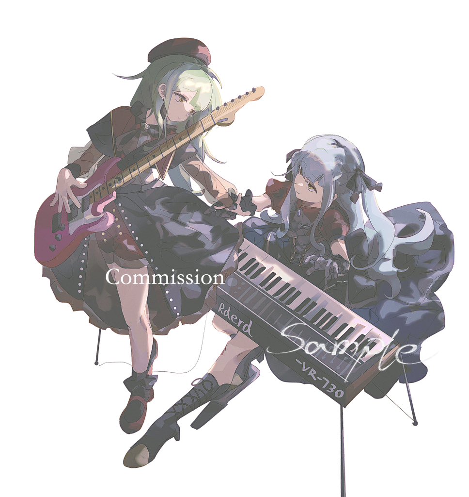 mortis (bang dream!), mortis (costume) (bang dream!), oblivionis (bang dream!), togawa sakiko, wakaba mutsumi, bang dream!, bang dream! it's mygo!!!!!, 2girls, ascot, beret, black ascot, black capelet, black gloves, black ribbon, blue hair, brooch, capelet, closed mouth, corset, dress, earrings, electric guitar, gloves, green hair, guitar, hair ribbon, hat, holding, holding guitar, holding hands, holding instrument, instrument, jewelry, keyboard (instrument), long hair, long sleeves, looking at another, multiple girls, red hat, red shirt, ribbon, shirt, short sleeves, sidelocks, sitting, standing, two side up, white ascot, white background, yellow eyes, zimimimi