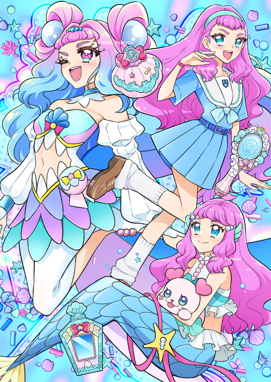 neko hunsou, cure la mer, kururun (precure), laura la mer, precure, tropical-rouge! precure, highres, 1girl, 1other, aozora middle school uniform, aqua hair, blue shirt, blue skirt, blush, breasts, crop top, detached collar, detached sleeves, gem, gradient eyes, gradient hair, hug, hug from behind, jewelry, layered skirt, leg warmers, long hair, long sleeves, looking up, medium breasts, mermaid, monster girl, multicolored eyes, multicolored hair, navel, official alternate costume, one eye closed, open mouth, pearl (gemstone), pearl hair ornament, pink eyes, pink hair, school uniform, shirt, skirt, sleeveless, sleeveless shirt, smile, stomach, string of pearls, very long hair, white leg warmers