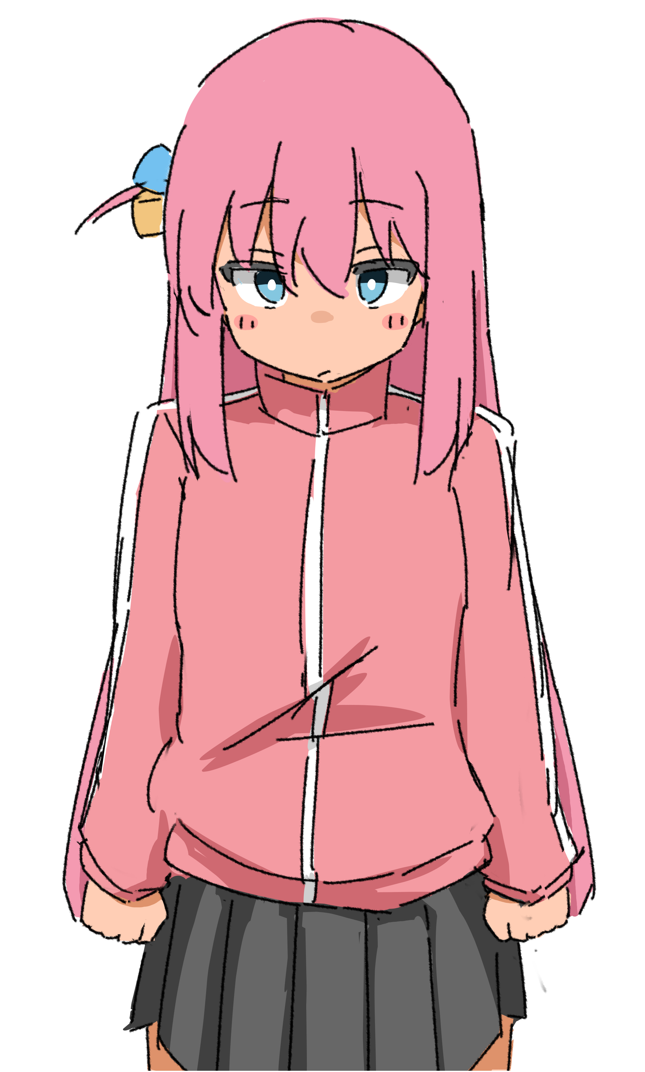 gotoh hitori, bocchi the rock!, absurdres, highres, 1girl, blue eyes, blush, closed mouth, kendama club, pink hair, simple background, skirt, solo, standing, white background