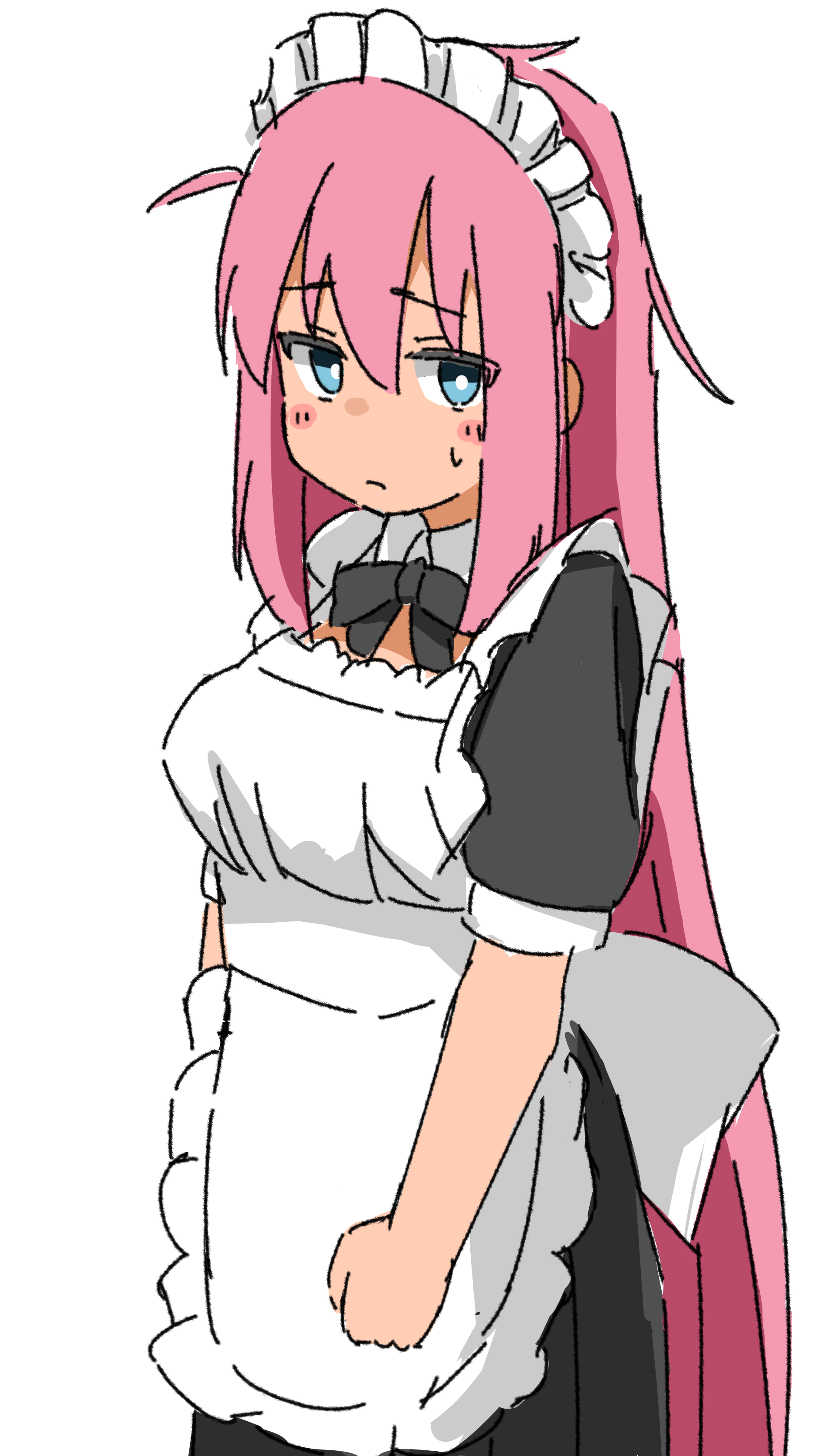 gotoh hitori, bocchi the rock!, absurdres, highres, 1girl, blue eyes, blush, closed mouth, kendama club, maid, pink hair, simple background, solo, standing, white background