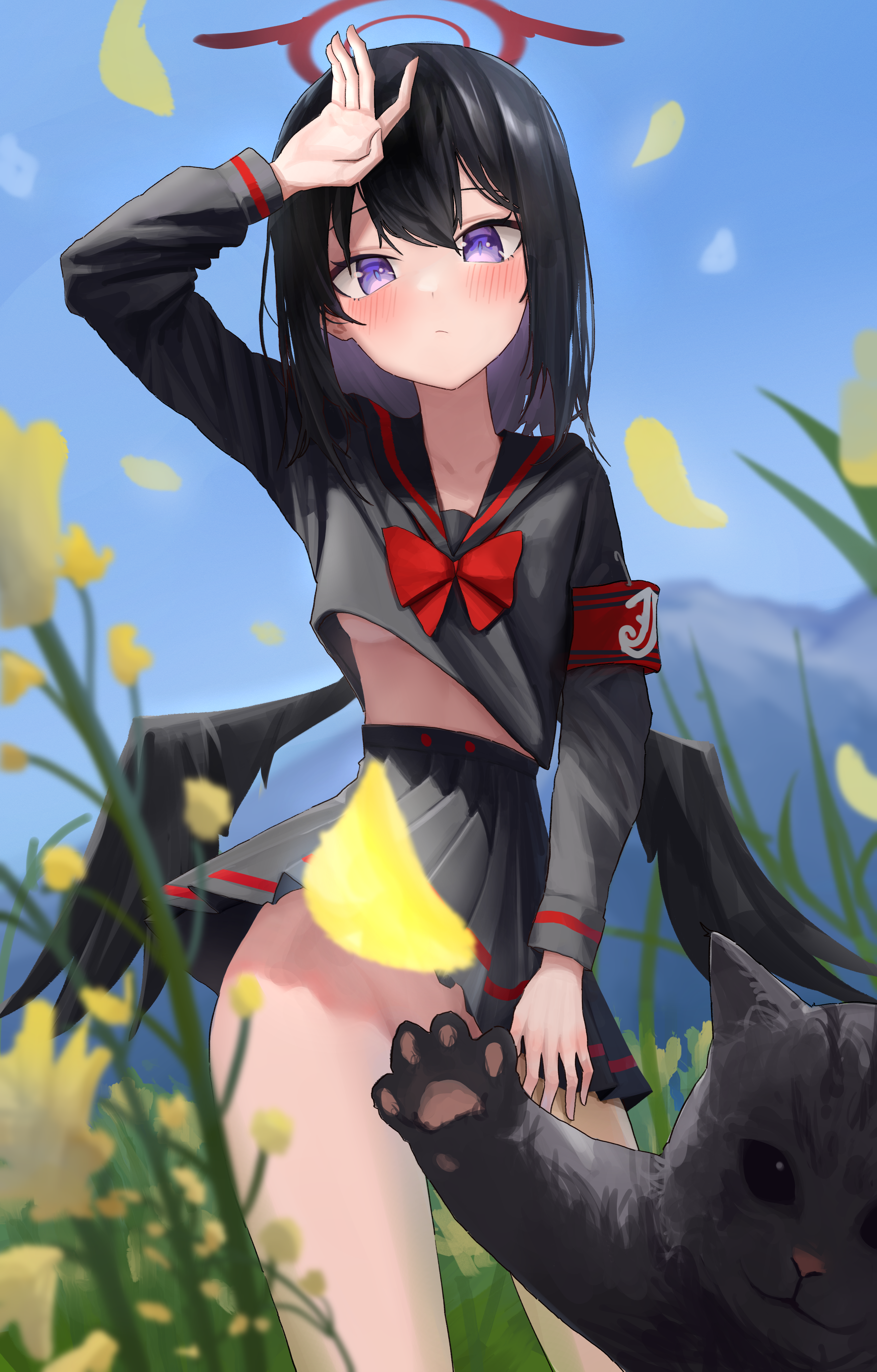 ubeuna, mashiro (blue archive), blue archive, absurdres, commentary, highres, 1girl, :/, arm up, armband, black cat, black hair, black serafuku, black skirt, black wings, blush, bow, bowtie, cat, choker, closed mouth, clothes lift, convenient censoring, cowboy shot, day, falling petals, feathered wings, field, flower, flower field, frown, halo, long sleeves, looking at viewer, low wings, medium hair, miniskirt, no panties, outdoors, petals, pleated skirt, purple eyes, red armband, red bow, red bowtie, red halo, school uniform, serafuku, skirt, skirt lift, solo, straight hair, wind, wind lift, winged halo, wings