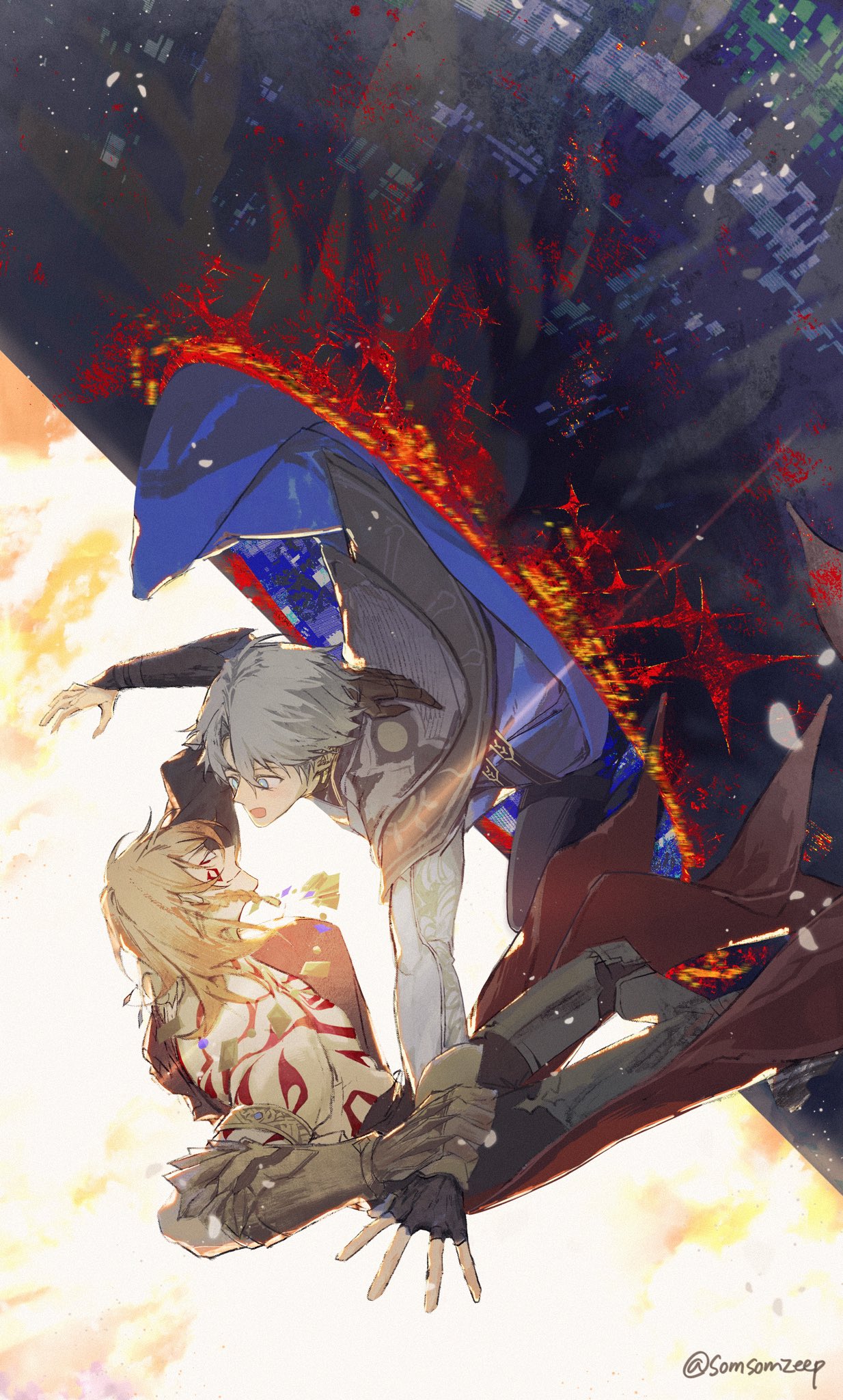 sszeep duck, mydei (honkai: star rail), phainon (honkai: star rail), honkai: star rail, honkai (series), highres, 2boys, black choker, black pants, blue cape, blue eyes, cape, choker, coat, crossed bangs, grey hair, hair between eyes, male focus, medium hair, multiple boys, open mouth, orange hair, pants, parted bangs, red tattoo, short hair, white coat