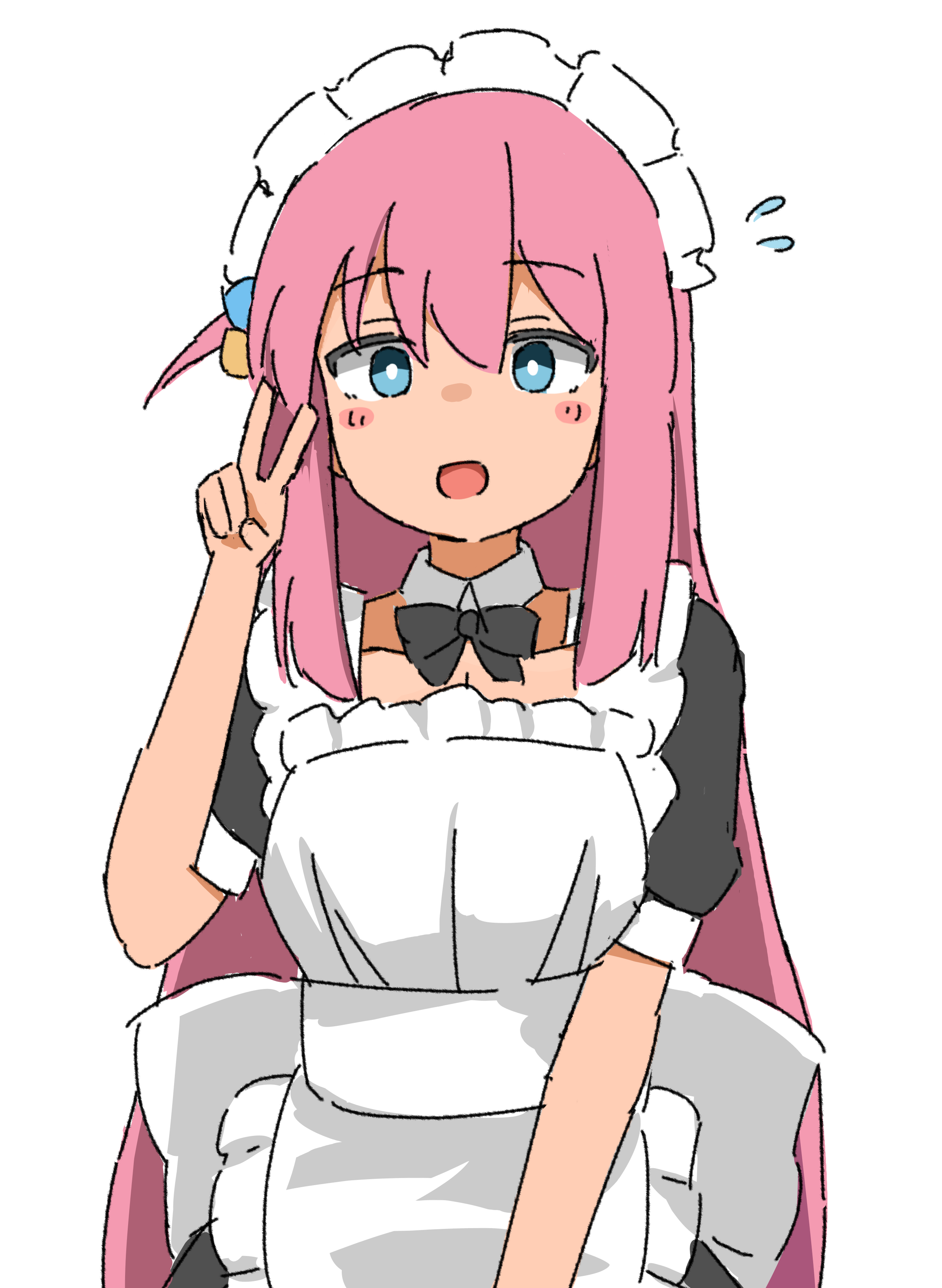 gotoh hitori, bocchi the rock!, absurdres, highres, 1girl, blue eyes, blush, closed mouth, kendama club, maid, pink hair, simple background, solo, standing, white background