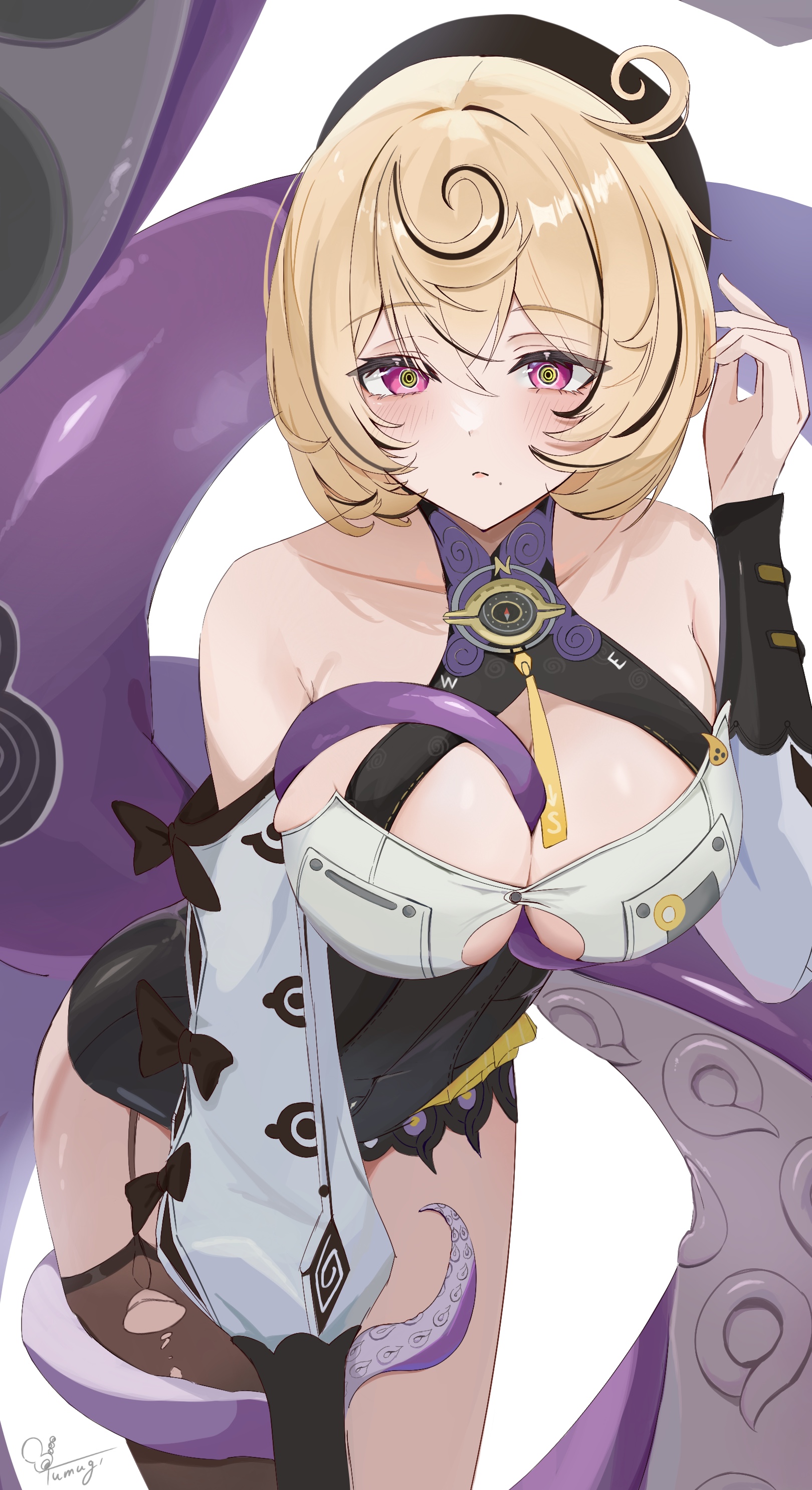 tumugi sunohara, yidhari murphy, zenless zone zero, absurdres, commentary request, highres, 1girl, accessories, artist name, asymmetrical shorts, bare shoulders, black bow, black hat, blonde hair, blush, bow, breasts, cleavage, detached sleeves, hair between eyes, hand in own hair, hat, high-waist shorts, large breasts, leaning forward, looking at viewer, mole, mole under mouth, monster girl, octopus, open mouth, purple eyes, scylla, shirt, short hair, shorts, simple background, single thighhigh, solo, spiral, tentacle between breasts, tentacle girl, tentacle tail, tentacles, thighhighs, white background, white shirt, white sleeves, yellow pupils