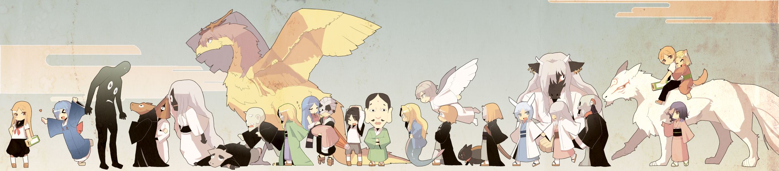 nora (galahad), asagi (natsume), gen (natsume), hiiragi (natsume), hinoe (natsume), hishigaki (natsume), hotaru (natsume), kai (natsume), kogitsune, kogizune, madara (natsume), madara (natsume yuujinchou), misuzu (natsume), natsume reiko, natsume takashi, nyanko-sensei, riou (natsume), sasafune (natsume), shigure (natsume), sui (natsume), tama (natsume), tsubame (natsume), natsume yuujinchou, bad id, bad pixiv id, highres, long image, wide image, 00s, 6+boys, 6+girls, everyone, multiple boys, multiple girls, traditional youkai