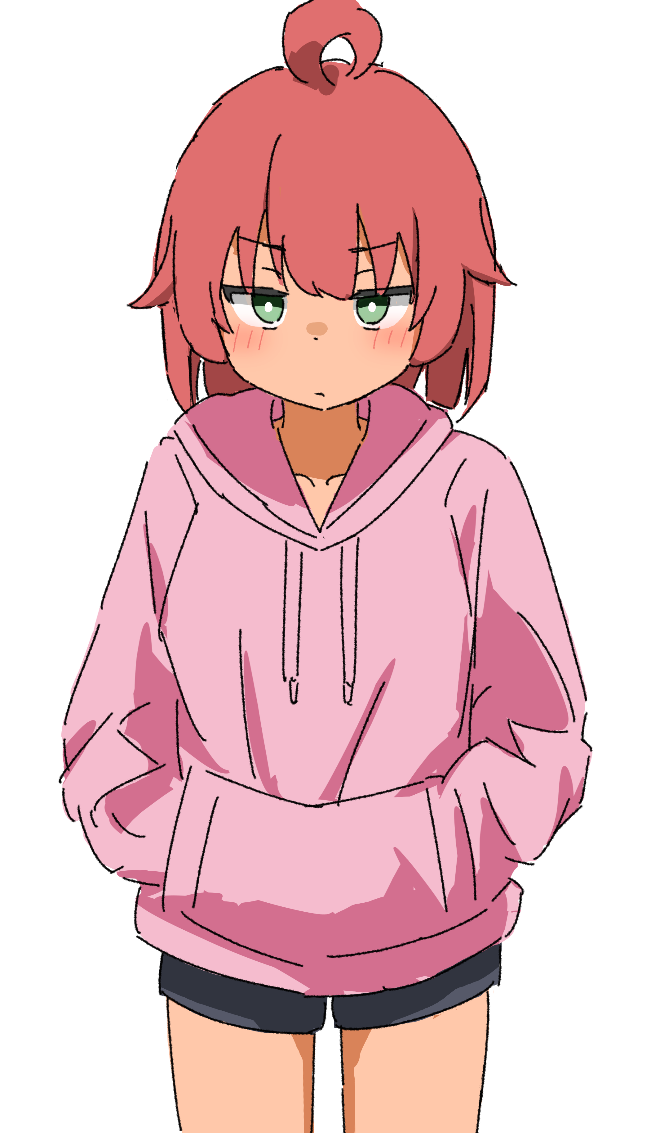 sakura miko, hololive, absurdres, highres, 1girl, blush, closed mouth, green eyes, hood, hoodie, kendama club, red hair, simple background, solo, standing, white background