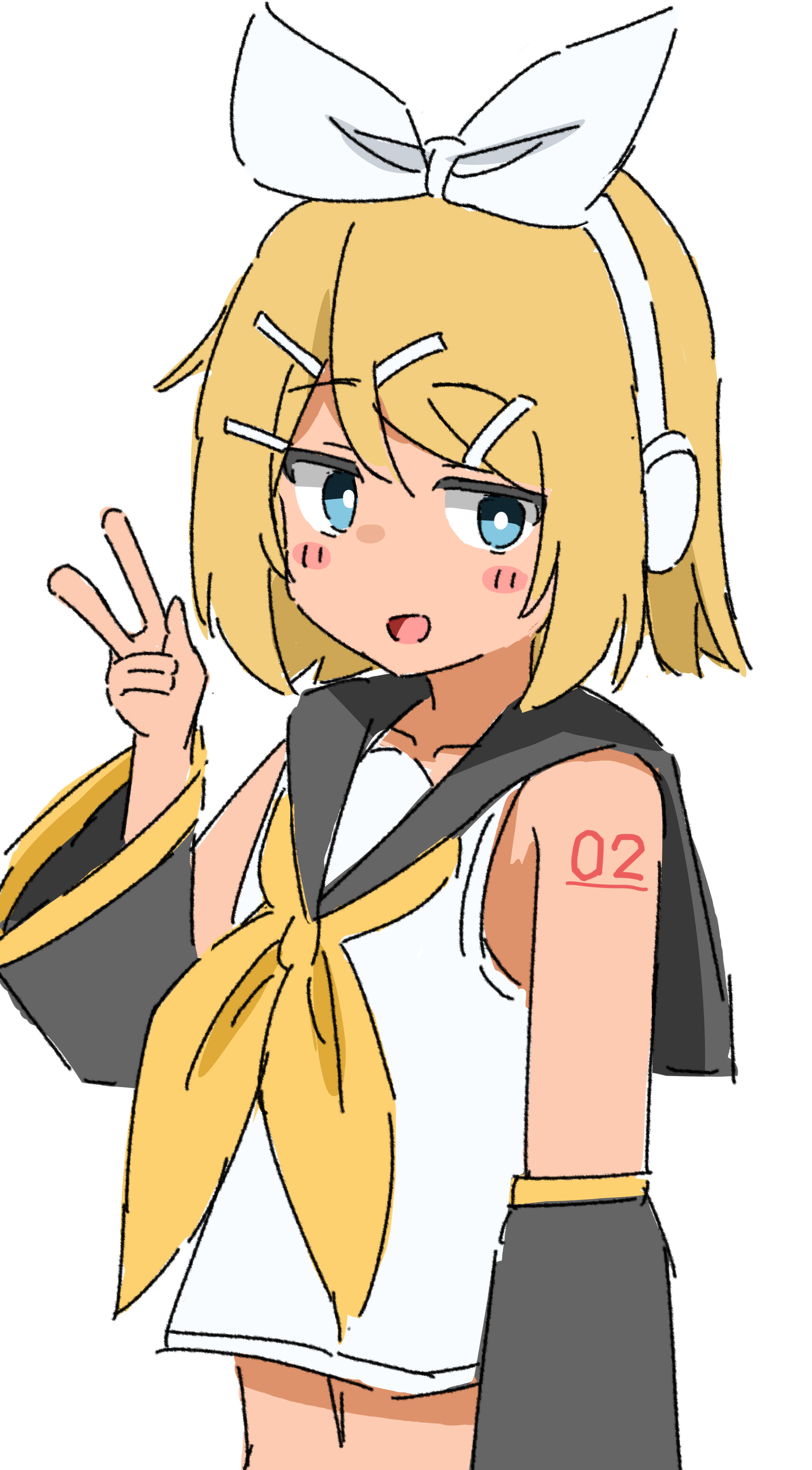 kagamine rin, vocaloid, absurdres, highres, 1girl, blue eyes, blush, kendama club, navel, open mouth, simple background, solo, standing, v, white background