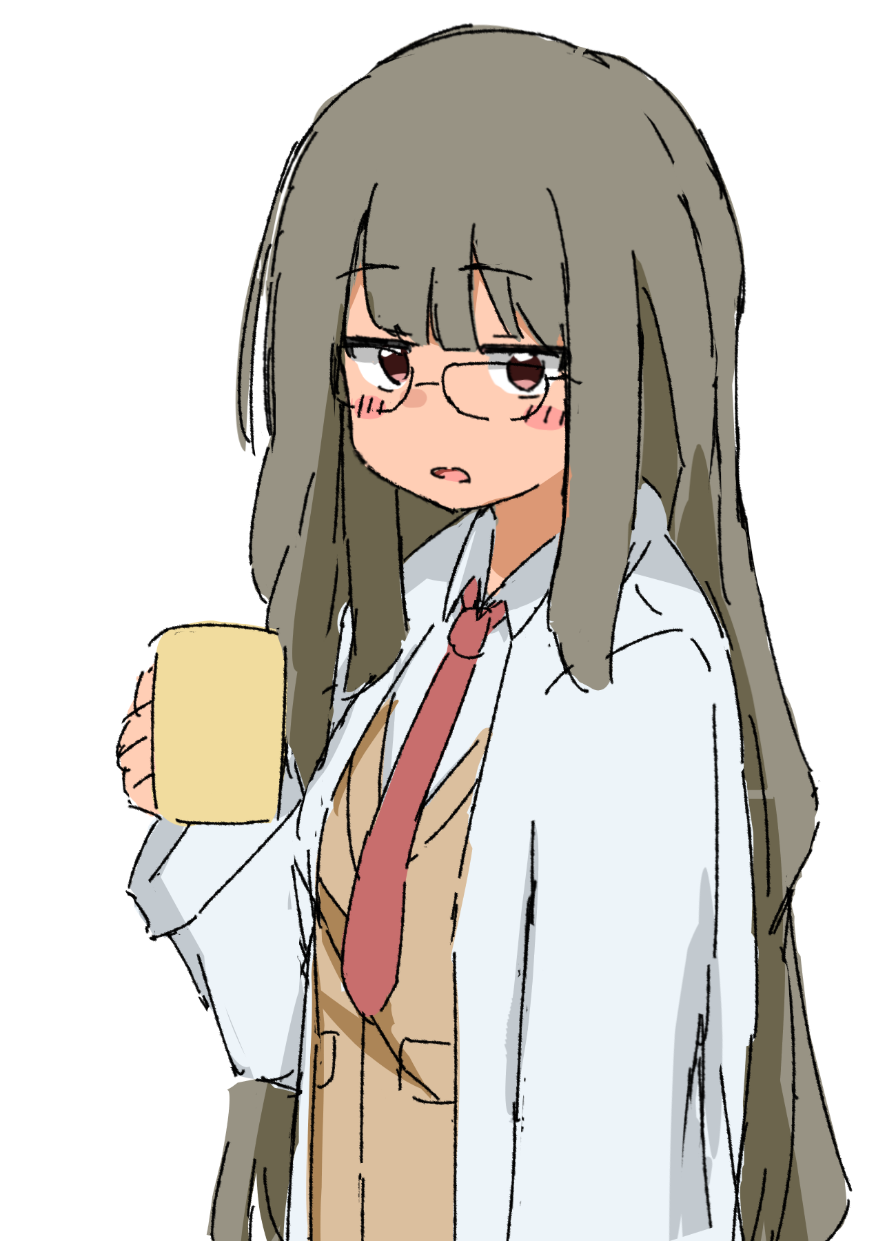 futaba rio, seishun buta yarou, highres, 1girl, blush, cup, grey hair, holding, kendama club, open mouth, simple background, solo, standing, white background