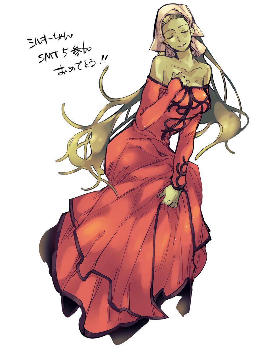 raven croow, silky (megami tensei), shin megami tensei, bad id, bad twitter id, commentary request, highres, translation request, 1girl, bare shoulders, closed eyes, collarbone, colored skin, demon (megami tensei), dress, green hair, green skin, hand on own chest, headscarf, mixed-language text, off-shoulder dress, off shoulder, red dress, smile, solo