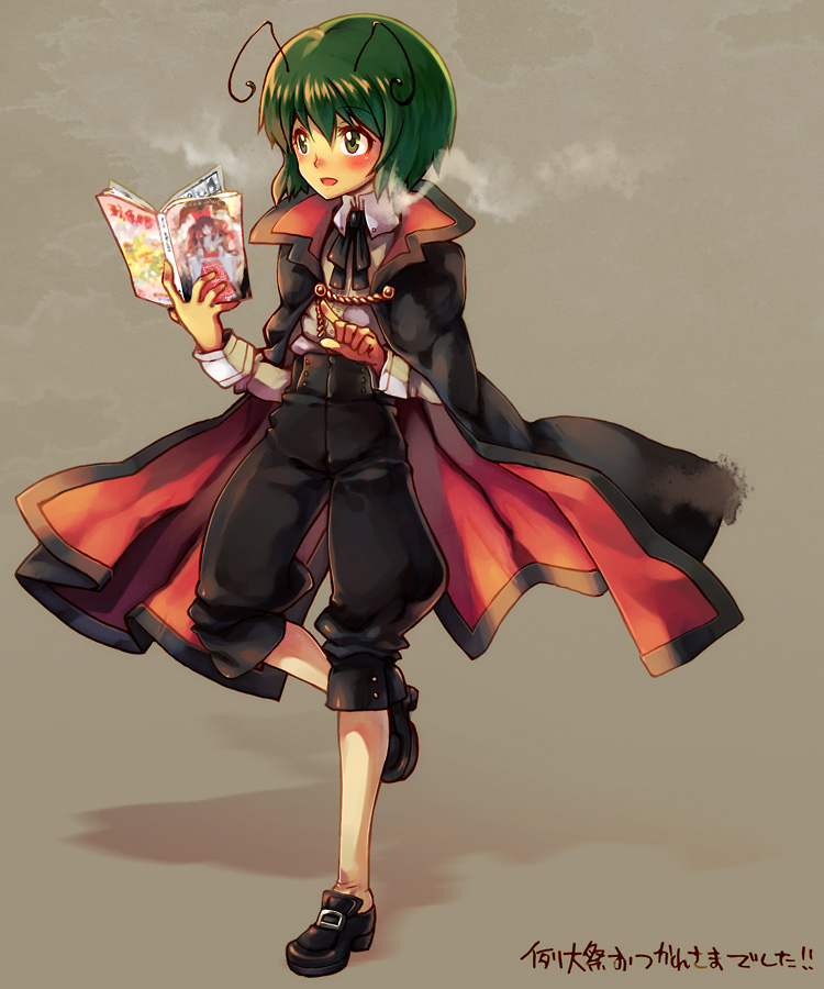 arai kuma, wriggle nightbug, touhou, bad id, bad pixiv id, 1girl, androgynous, antennae, cape, female focus, green eyes, green hair, magazine (object), matching hair/eyes, reverse trap, short hair, solo