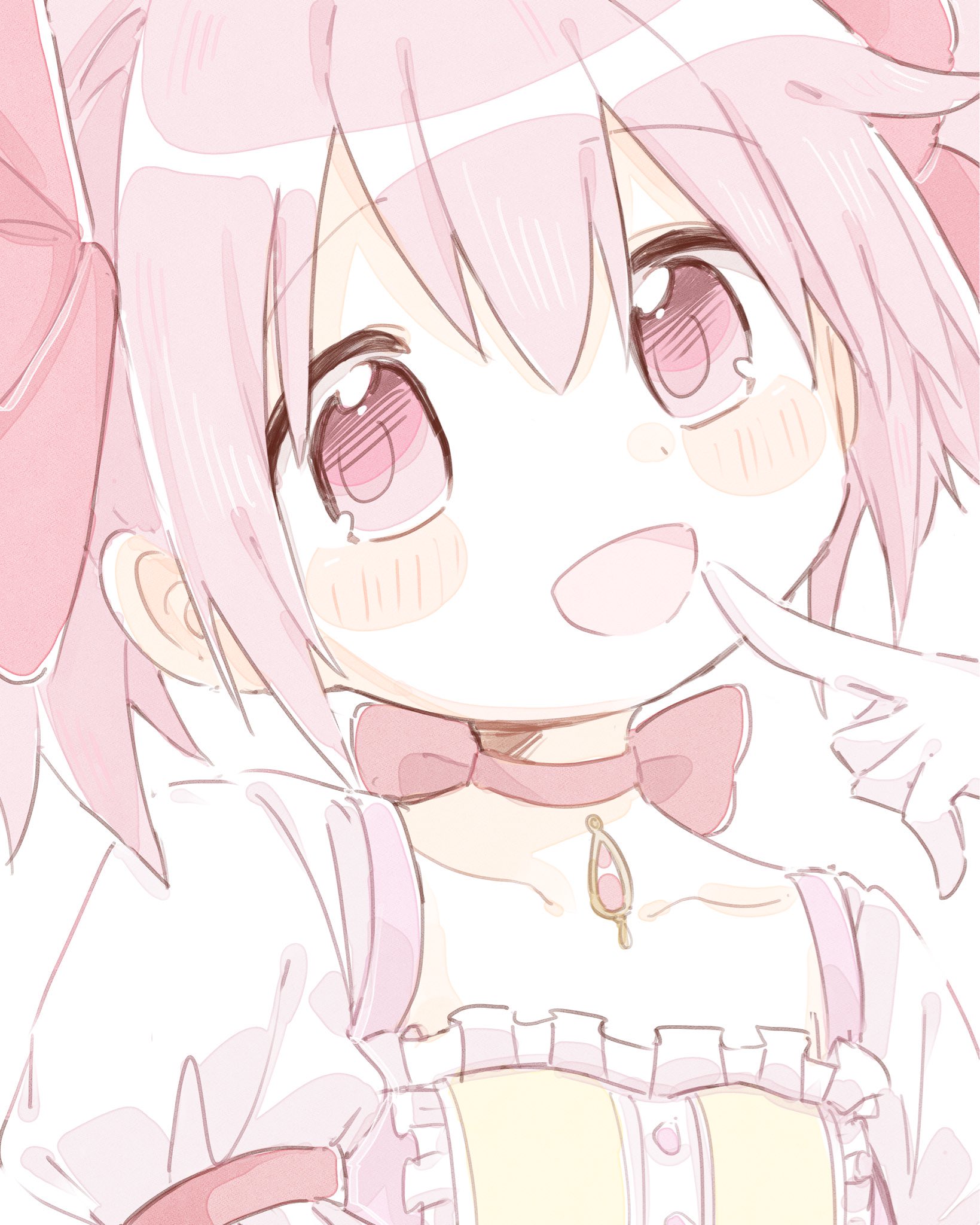 kaname madoka, kaname madoka (magical girl), mahou shoujo madoka magica, mahou shoujo madoka magica (anime), highres, 1girl, :d, blush stickers, bow, buttons, center frills, chest jewel, chico suke, choker, choppy bangs, close-up, collarbone, dot nose, finger to mouth, frilled sleeves, frills, gem, gloves, hair between eyes, hair bow, hand up, head tilt, index finger raised, looking at viewer, open mouth, pale color, pastel colors, pink bow, pink choker, pink eyes, pink gemstone, pink hair, pink theme, puffy short sleeves, puffy sleeves, ribbon choker, short sleeves, short twintails, sidelocks, simple background, smile, solo, soul gem, square neckline, tareme, twintails, upper body, very big eyes, white background, white gloves, white theme