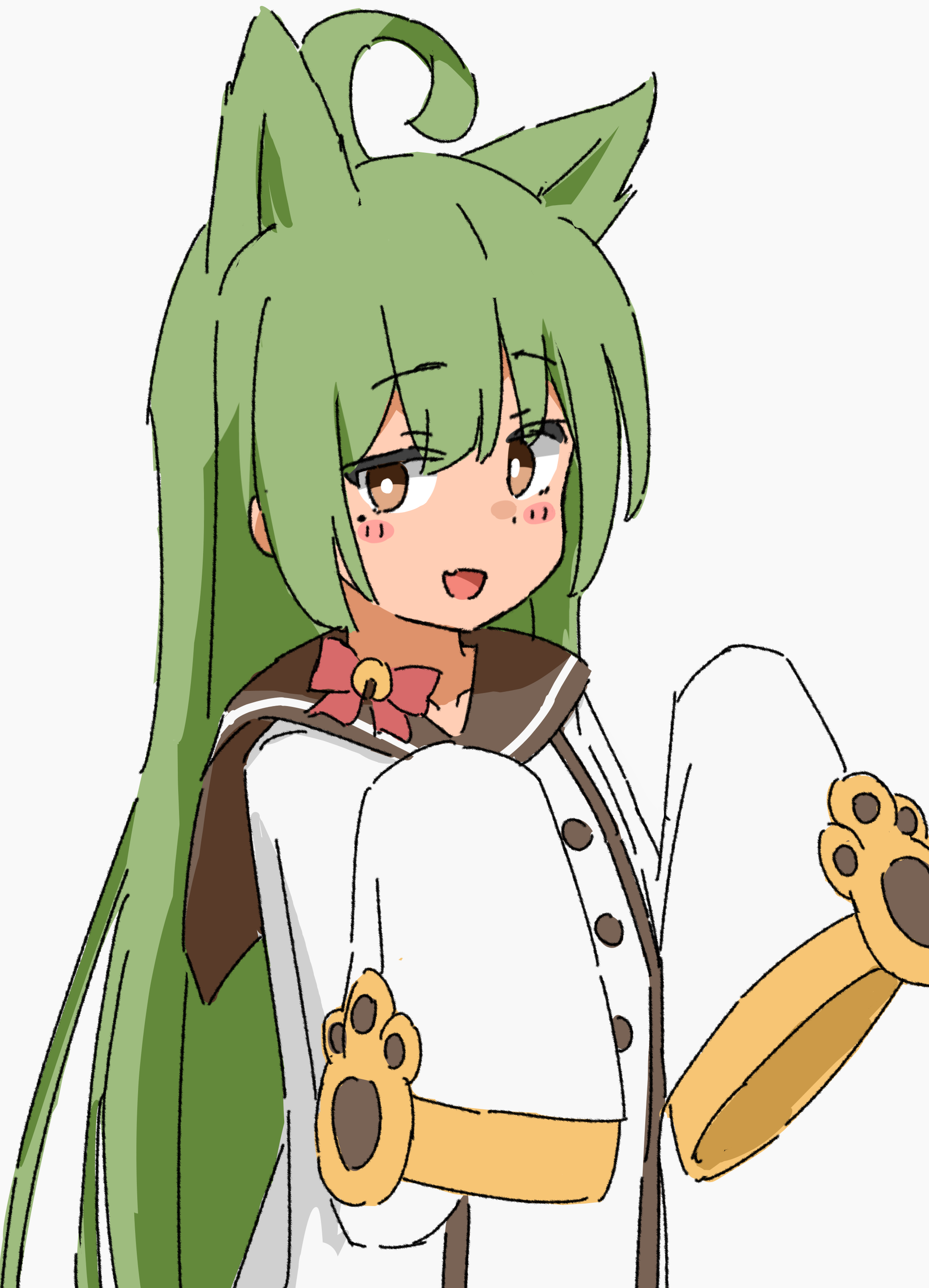 akashi (azur lane), azur lane, absurdres, highres, 1girl, blush, fang, green hair, kendama club, open mouth, simple background, solo, standing, white background, yellow eyes