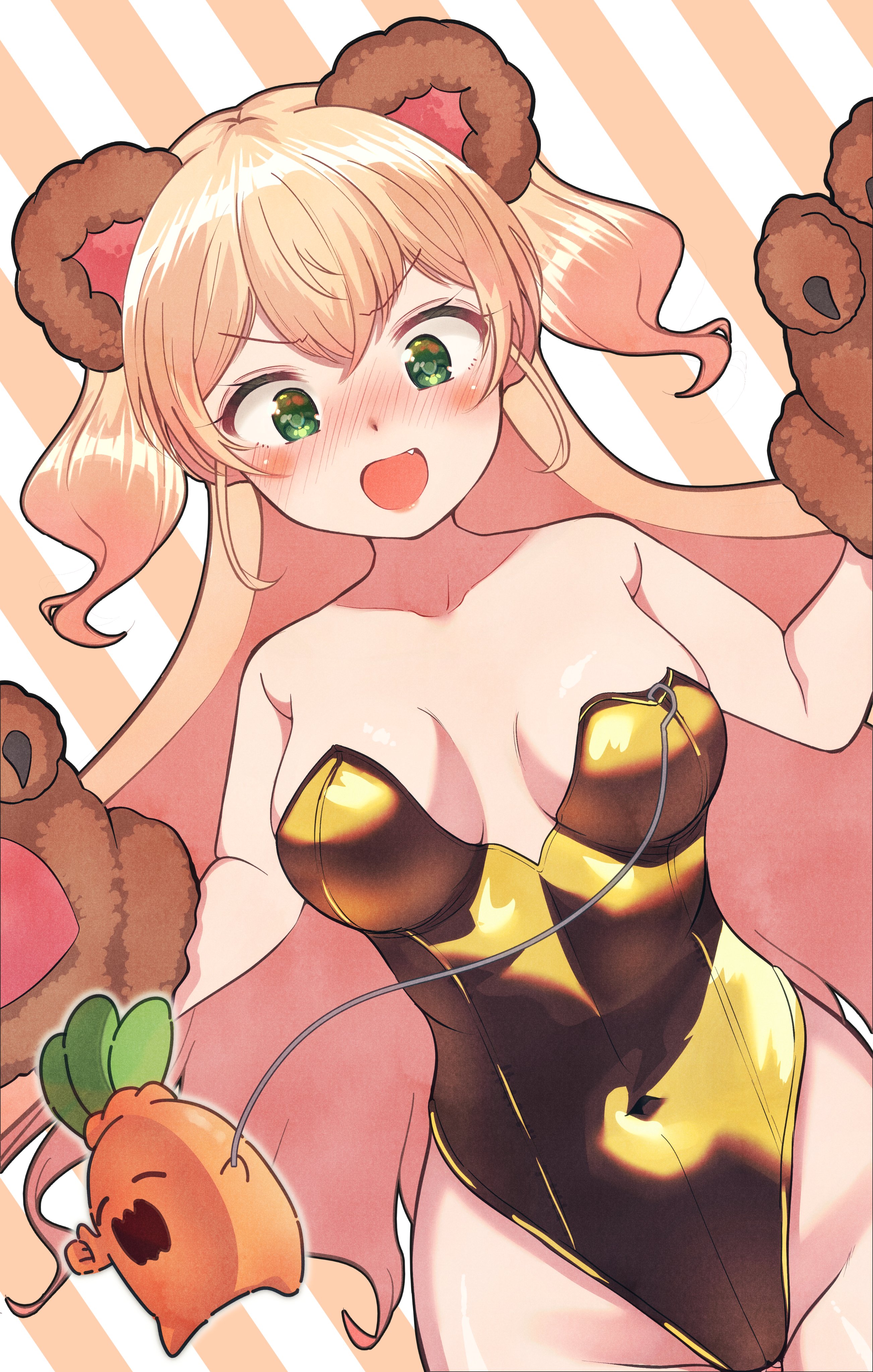 momosuzu nene, nekko (momosuzu nene), hololive, absurdres, highres, 1girl, alternate costume, animal ears, animal hands, bare shoulders, bear ears, blonde hair, blush, breasts, breasts apart, covered navel, crossed bangs, diagonal-striped background, embarrassed, fake animal ears, fang, ff1486902807, gloves, gold leotard, green eyes, hands up, highleg, highleg leotard, hook, leotard, long hair, medium breasts, open mouth, orange background, paw gloves, playboy bunny, sidelocks, strapless, strapless leotard, striped background, thumbs up, two-tone background, two side up, virtual youtuber, white background