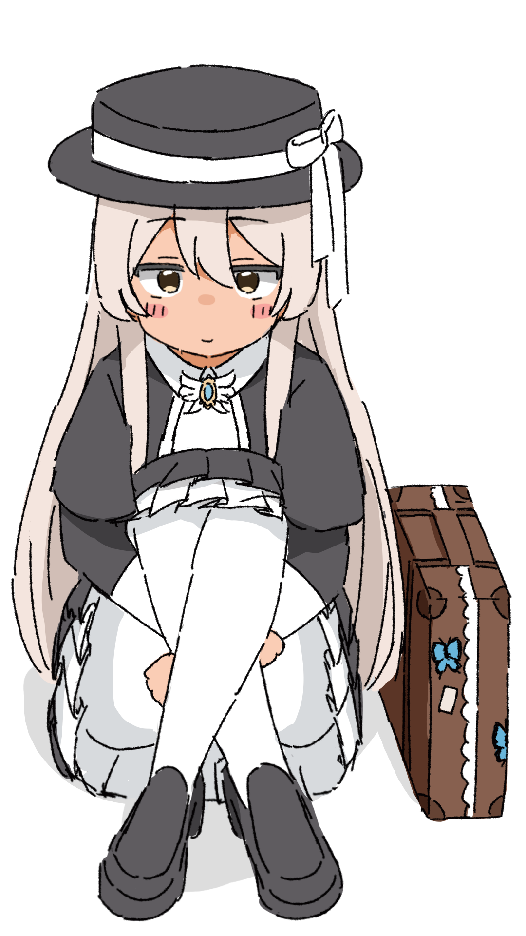 commentary request, commission, copyright request, highres, pixiv commission, 1girl, blush, closed mouth, hat, kendama club, shoes, simple background, sitting, solo, suitcase, top hat, virtual youtuber, white background