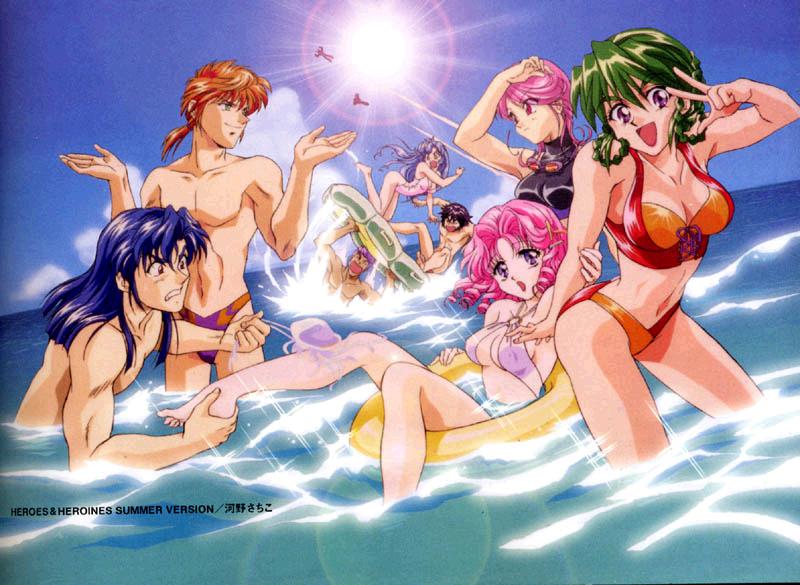 arwynn dorstein, grace urigin, hector madison, irmgult kazahara, lenonjayce starlord, mina likering, patricia hackman, ring mao, banpresto, super robot wars, super robot wars f, jpeg artifacts, 4boys, 4girls, barefoot, bikini, breasts, cleavage, day, jellyfish, large breasts, lens flare, lyn mao, medium breasts, multiple boys, multiple girls, ocean, swimsuit, water