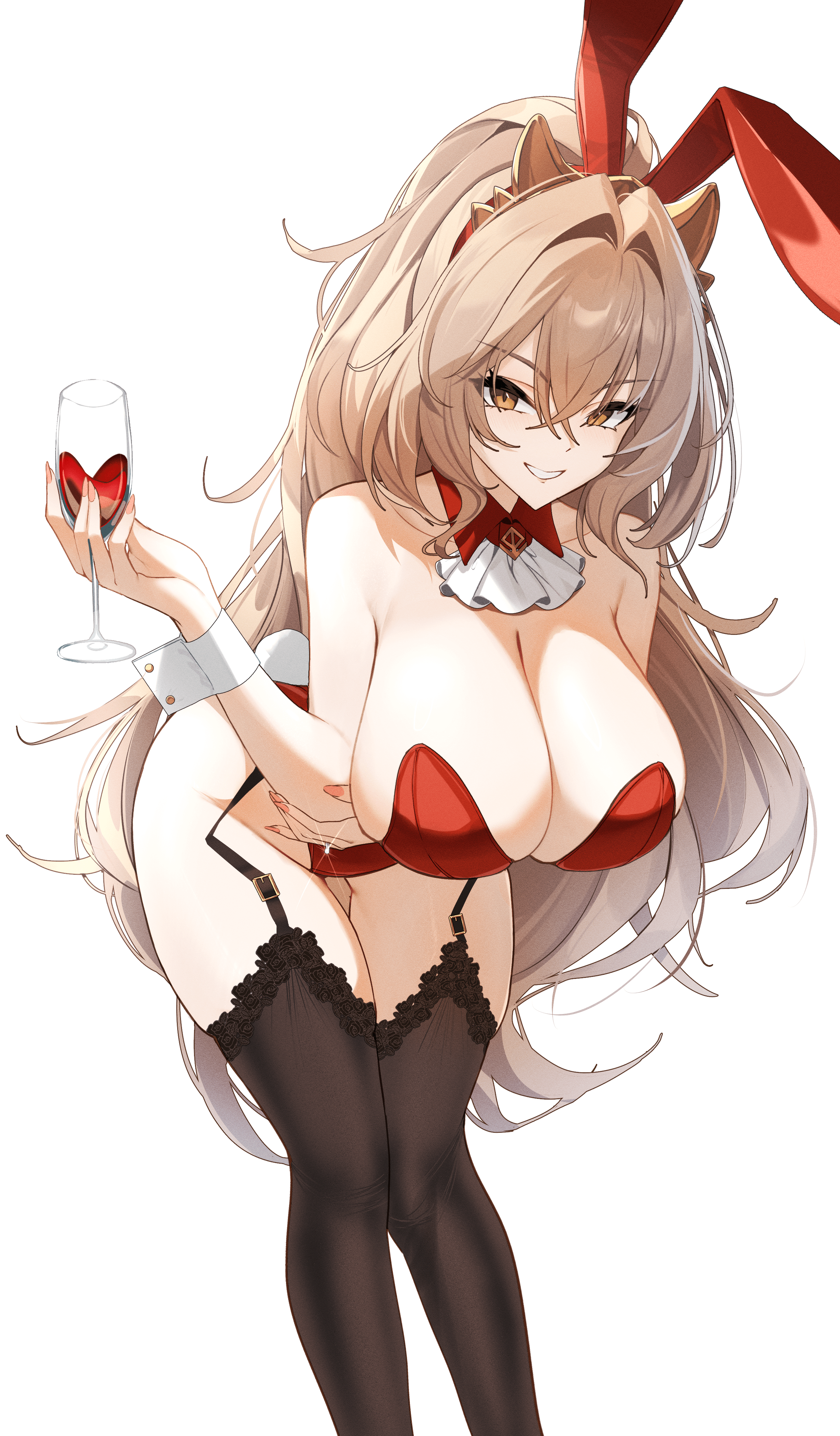 alphaart, lion (azur lane), azur lane, absurdres, commission, highres, second-party source, 1girl, alternate costume, animal ear hairband, animal ears, fake animal ears, hairband, jewelry, leotard, playboy bunny, rabbit ear hairband, rabbit ears, red leotard, ring, simple background, smile, solo, white background