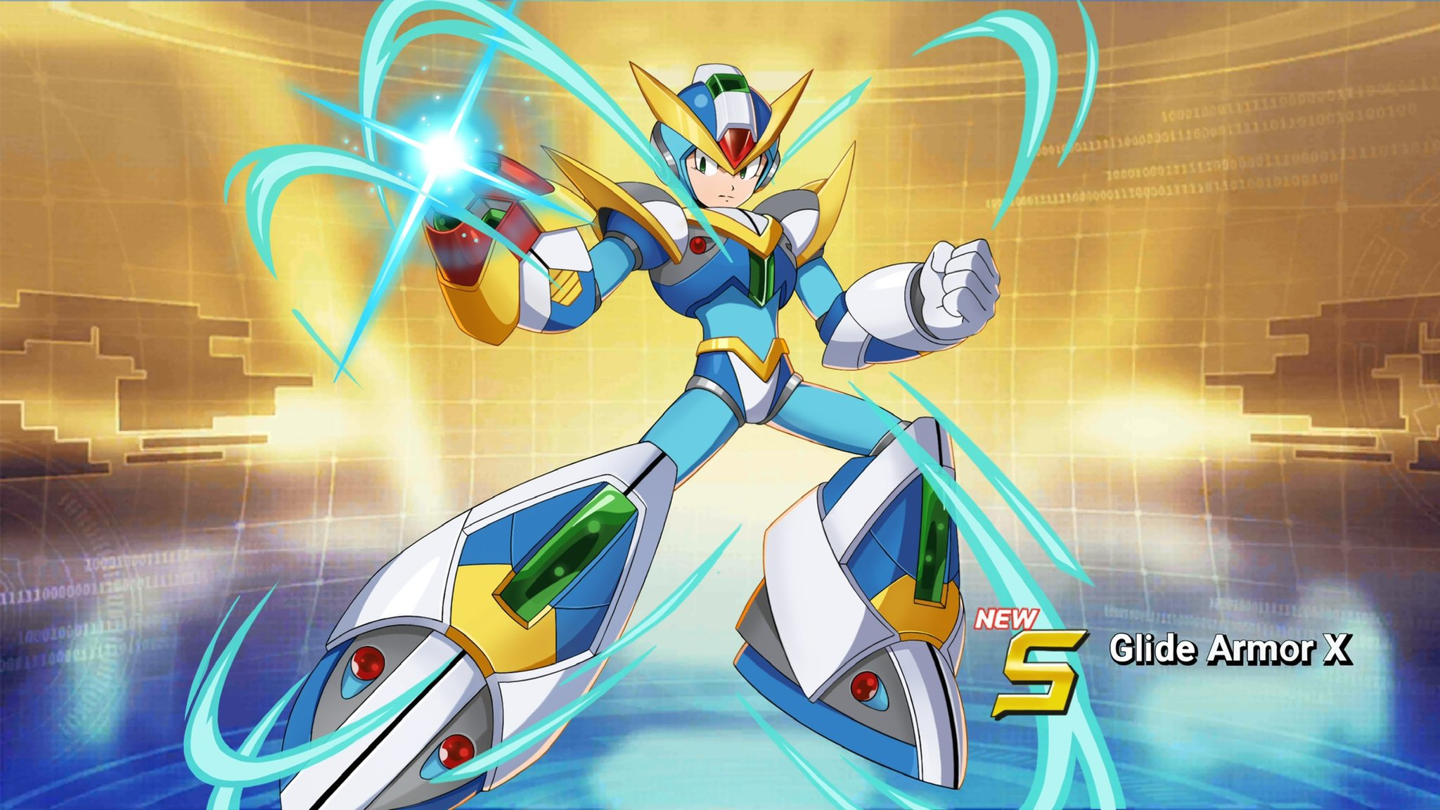 sprinqgueen, glide armor x (mega man), x (mega man), mega man (series), mega man x7, mega man x (series), mega man x dive, highres, 1boy, android, arm cannon, armor, chest jewel, clenched hand, closed mouth, flying, forehead jewel, full body, gauntlets, glint, green eyes, helmet, jewelry, male focus, official alternate costume, official style, shoulder armor, solo, weapon, white armor, white helmet, winged helmet