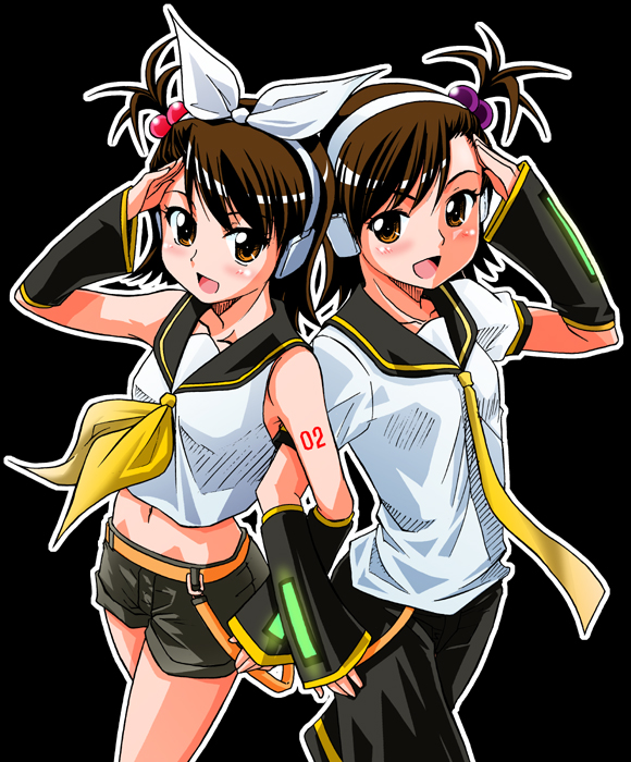 futami ami, futami mami, kagamine len, kagamine rin, shimoda asami, idolmaster, idolmaster (classic), idolmaster 1, vocaloid, 2girls, back-to-back, cosplay, crossdressing, crossdressing (ftm), hair bobbles, hair ornament, headphones, kagamine len (cosplay), kagamine rin (cosplay), locked arms, multiple girls, salute, school uniform, siblings, sisters, sleeveless, twins, vocaloid boxart pose, voice actor connection