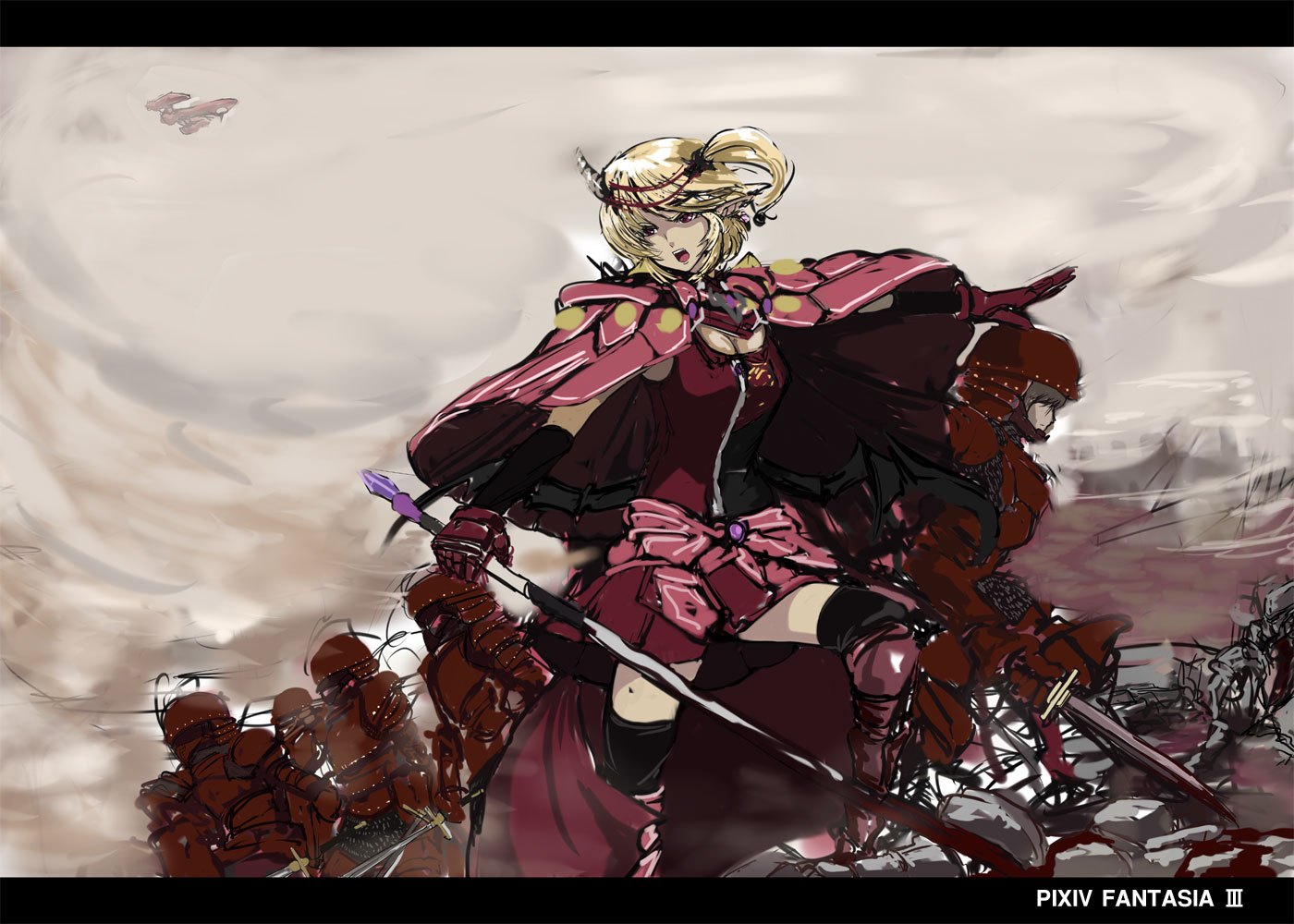 kanato, pixiv fantasia, pixiv fantasia 3, akatsuhara empire, armor, blonde hair, cape, greaves, helmet, letterboxed, pointy ears, red eyes, short hair, solo, sword, thighhighs, weapon