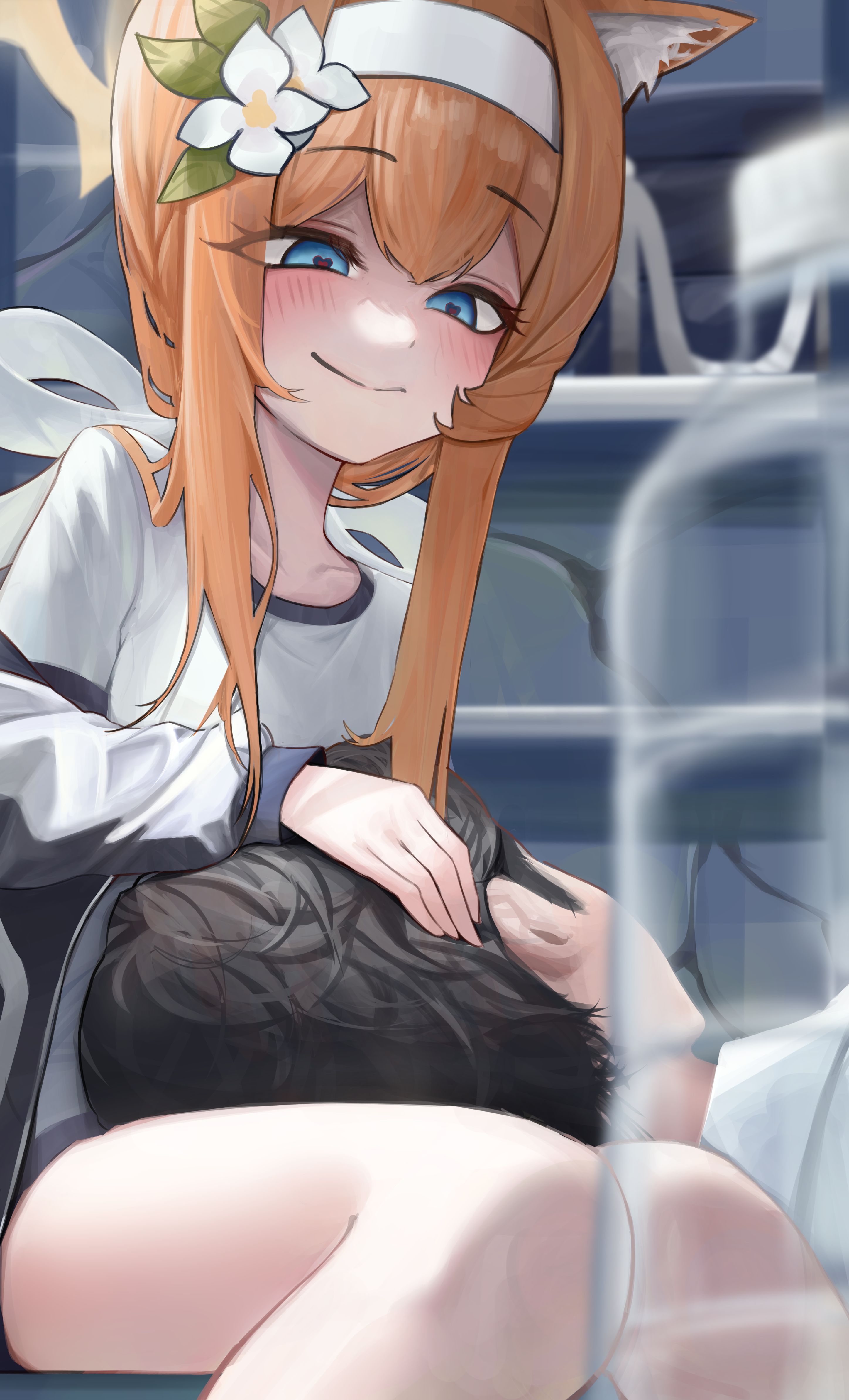 ubeuna, mari (blue archive), mari (track) (blue archive), sensei (blue archive), blue archive, absurdres, commentary, highres, 1boy, 1girl, animal ear fluff, animal ears, black hair, blue eyes, blurry, blush, bottle, cat ears, cat girl, closed mouth, crazy eyes, crazy smile, depth of field, eyes visible through hair, feet out of frame, flower, gym uniform, hair between eyes, hair flower, hair ornament, hair ribbon, hairband, halo, headpat, heart, heart-shaped pupils, hetero, indoors, jacket, lap pillow, long hair, looking down, lovestruck, lying, official alternate costume, official alternate hairstyle, on back, orange hair, ribbon, shirt, short hair, sidelocks, sitting, smile, solo focus, split mouth, straight hair, symbol-shaped pupils, track jacket, tsurime, water bottle, white flower, white hairband, white ribbon, white shirt, yellow halo