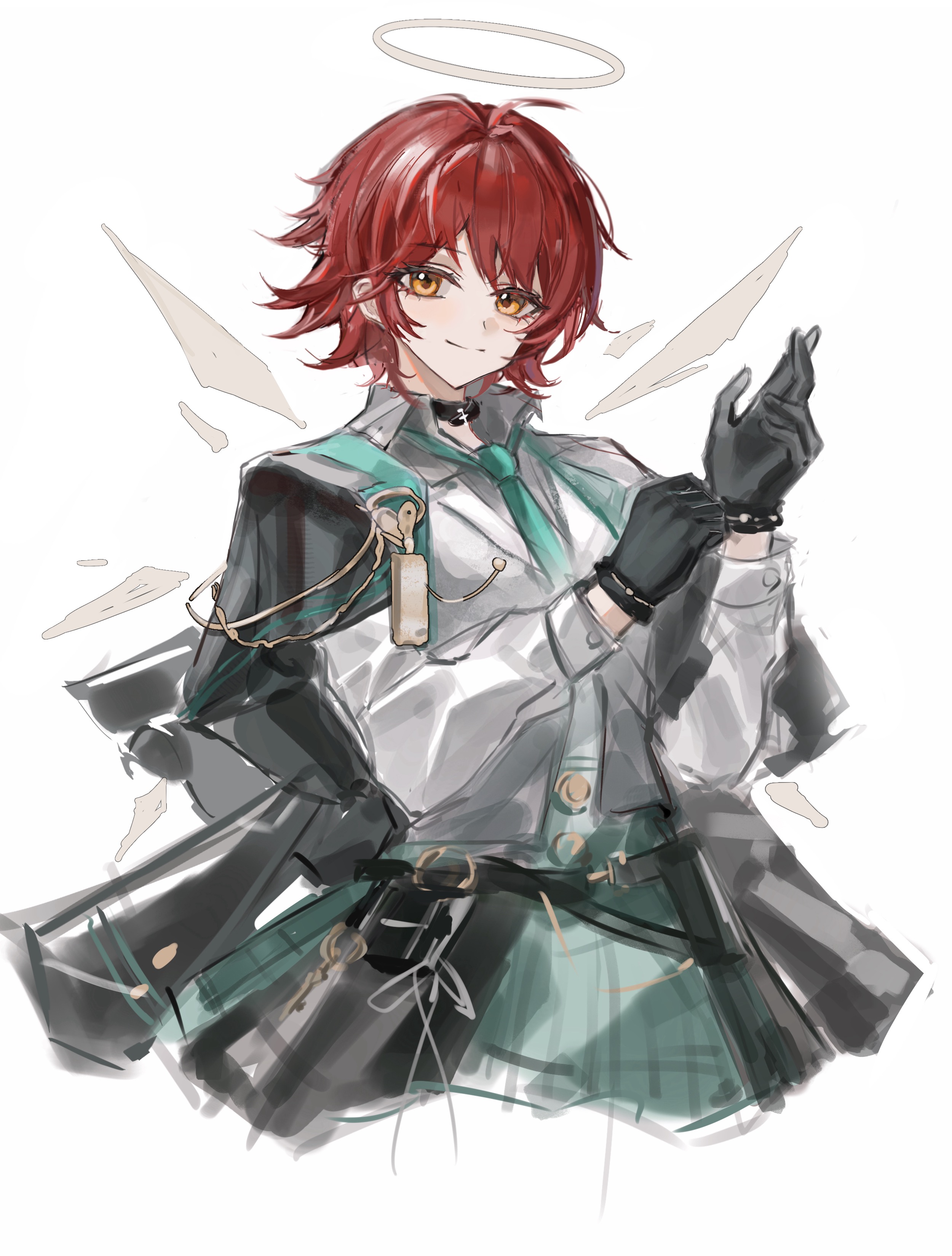 zhishi mao tiao, exusiai (arknights), arknights, absurdres, highres, 1girl, adjusting clothes, adjusting gloves, aiguillette, black gloves, closed mouth, cropped legs, detached wings, gloves, grey halo, halo, jacket, long sleeves, looking at viewer, red hair, short hair, simple background, sketch, smile, solo, traditional halo, white background, white jacket, wings, yellow eyes