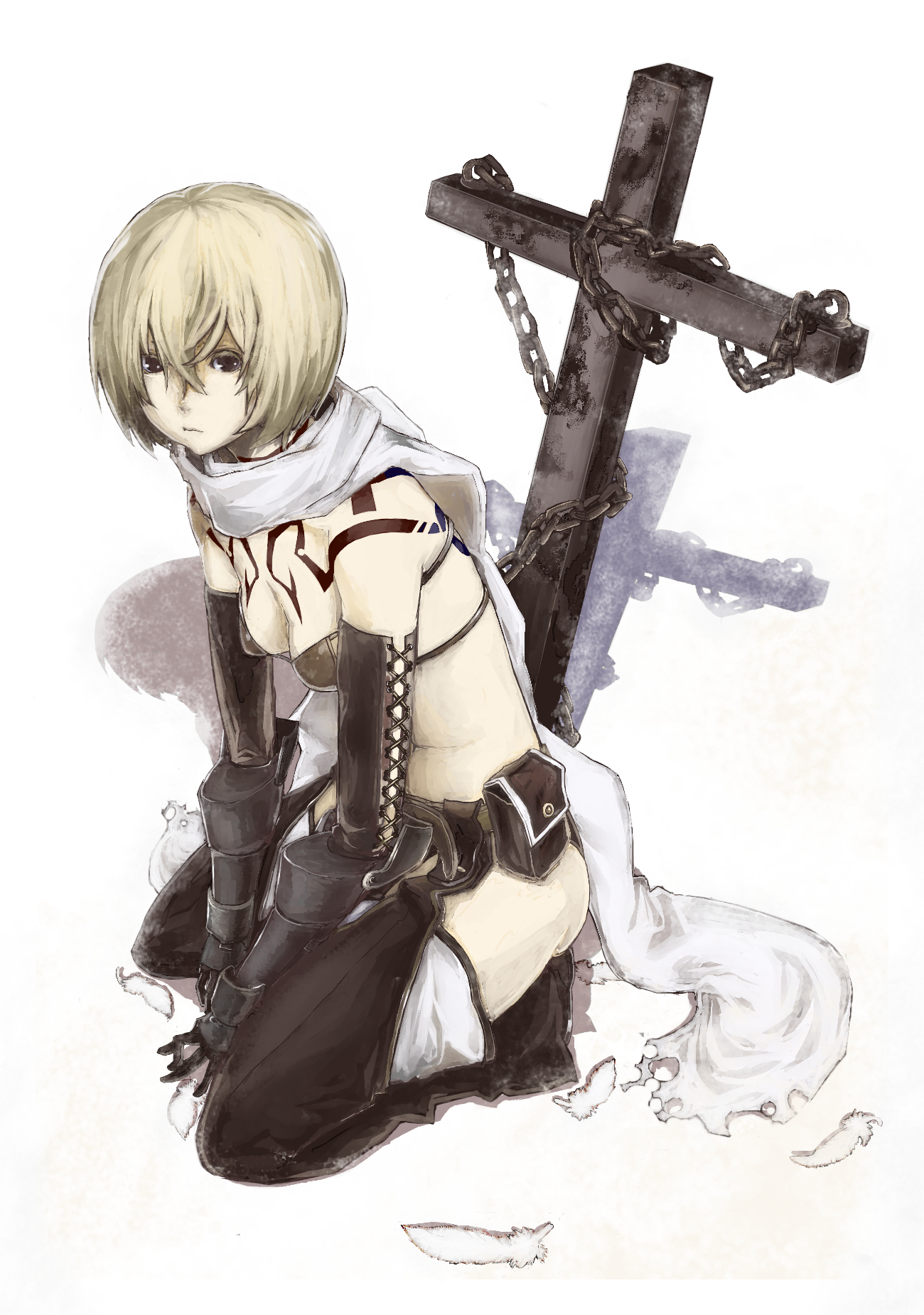 npa (sirokurokuma), original, bad id, bad pixiv id, highres, 1girl, blonde hair, brown eyes, chain, cross, feathers, female focus, gauntlets, scarf, short hair, solo