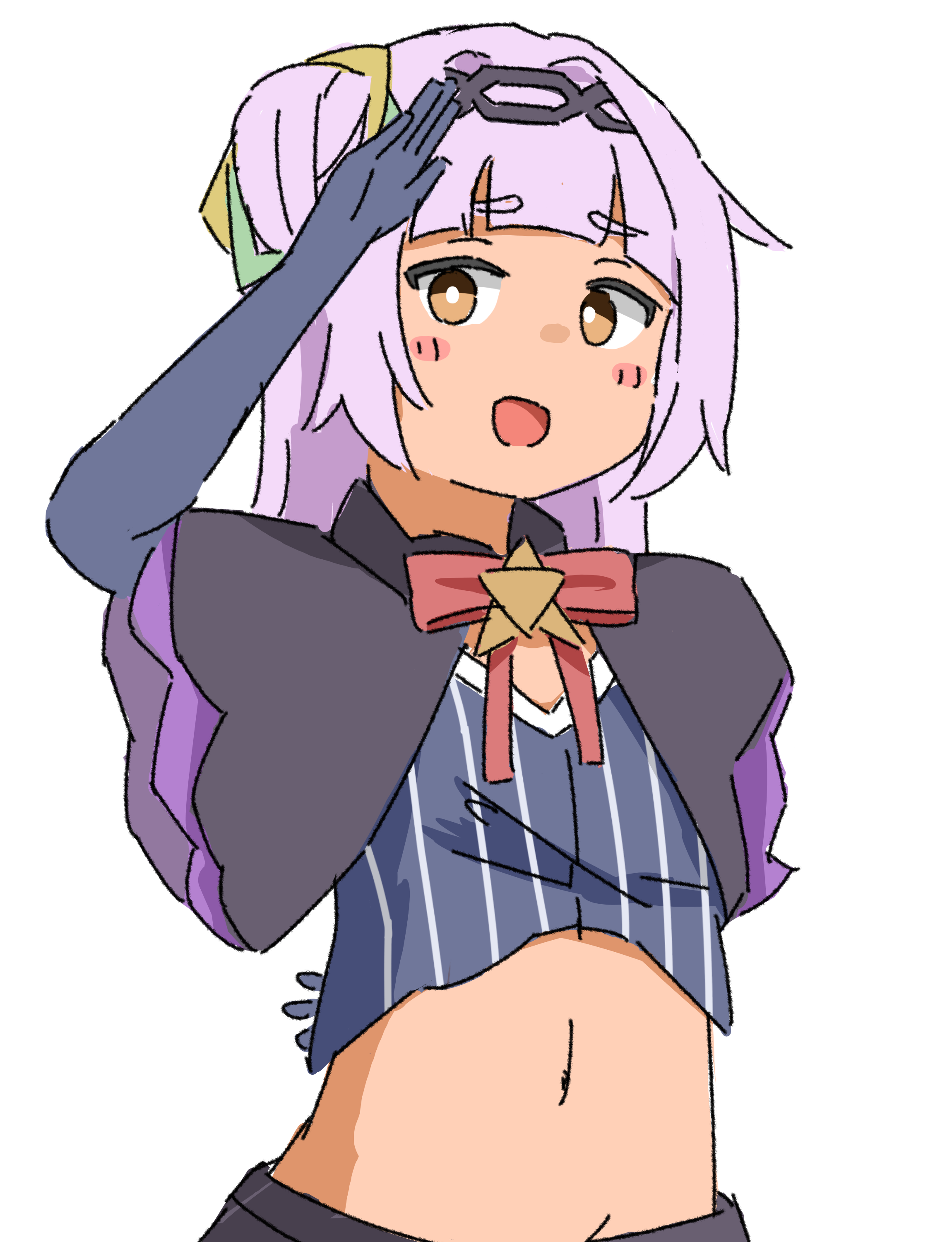 murasaki shion, hololive, absurdres, highres, 1girl, blush, hands up, kendama club, open mouth, pink hair, salute, simple background, solo, standing, white background