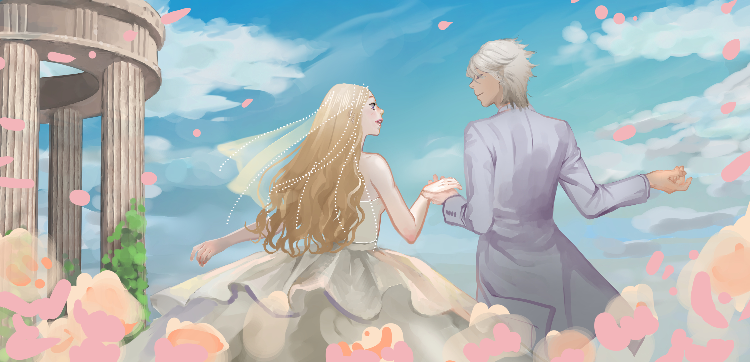 noridraw, nikki (series), shining nikki, commentary request, highres, 1boy, 1girl, alternate skin color, bare arms, bare shoulders, beads, blonde hair, blue eyes, bridal veil, bride, buttons, closed eyes, closed mouth, coat, collared coat, cowboy shot, dark-skinned male, dark skin, darkened skin, day, dress, eyelashes, falling petals, flower, forever love (shining nikki), from behind, garden, groom, hair beads, hair ornament, happy, holding hands, husband and wife, layered sleeves, lipstick, long hair, long sleeves, looking at another, makeup, mercury (shining nikki), nostrils, open clothes, open coat, open mouth, outdoors, outstretched hand, pavilion, petals, pink flower, pink lips, pointy nose, purple coat, see-through clothes, see-through veil, smile, strapless, strapless dress, veil, very long hair, wavy hair, wedding dress, white dress, white veil