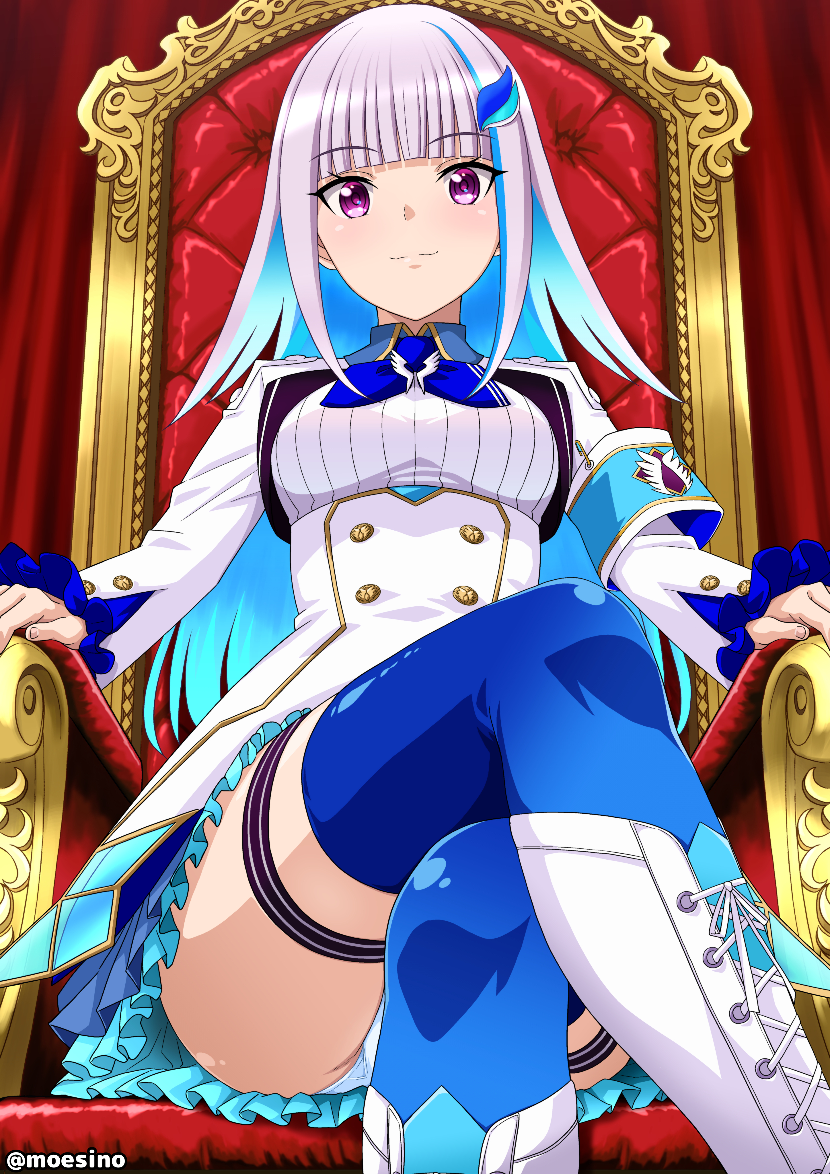 moeshino, lize helesta, nijisanji, absurdres, commentary request, highres, partial commentary, textless version, 1girl, armband, ascot, blue ascot, blue hair, blue thighhighs, blunt bangs, boots, closed mouth, collared dress, colored inner hair, crossed legs, dress, frilled dress, frills, grey hair, hair ornament, hairclip, knee boots, lace-up boots, long hair, long sleeves, looking at viewer, multicolored hair, panties, pantyshot, purple eyes, short dress, sitting, smile, solo, streaked hair, thighhighs, throne, twitter username, underwear, white boots, white dress, white panties