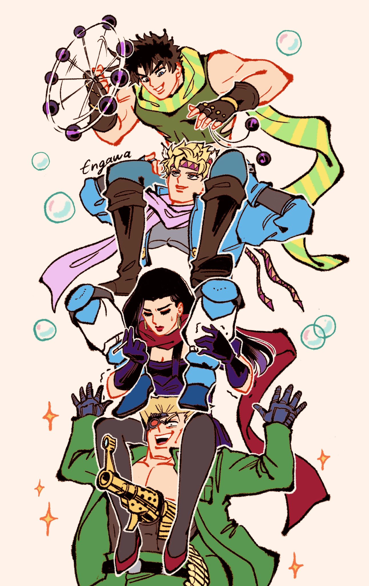 sushiko engawa, caesar anthonio zeppeli, joseph joestar, joseph joestar (young), lisa lisa, rudolph von stroheim, jojo no kimyou na bouken, commentary request, highres, 1girl, 3boys, arms up, black hair, black pantyhose, blonde hair, boots, brown boots, brown hair, bubble, closed eyes, fingerless gloves, gloves, headband, long hair, multiple boys, on shoulder, pantyhose, purple scarf, red scarf, scarf, short hair, signature, simple background, smile, sparkle, sweatdrop
