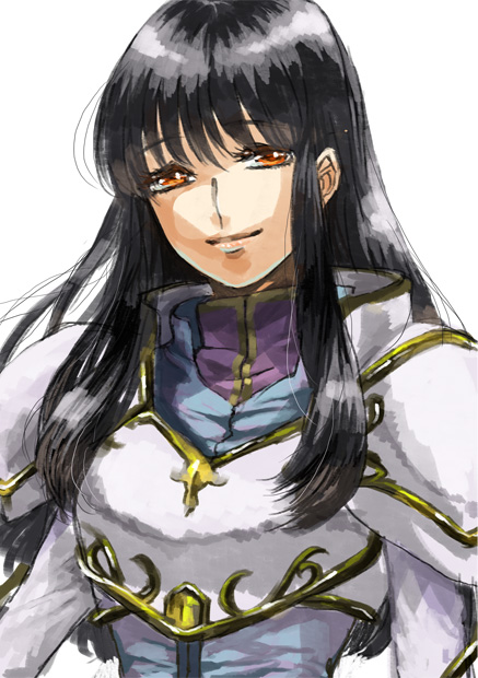popolanias, astrid (fire emblem), fire emblem, fire emblem: path of radiance, nintendo, commentary request, 1girl, armor, black hair, breastplate, light smile, lips, long hair, orange eyes, solo, upper body