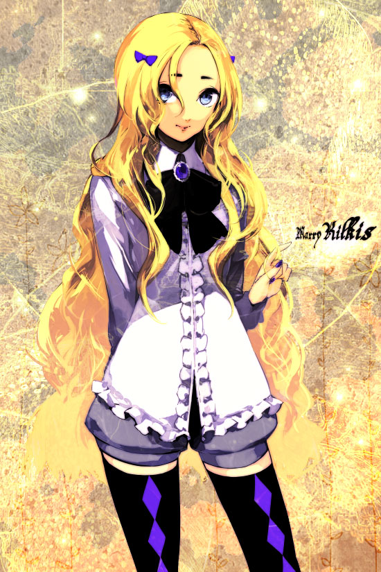 sciw, original, blonde hair, blue eyes, long hair, pointing, solo, thighhighs