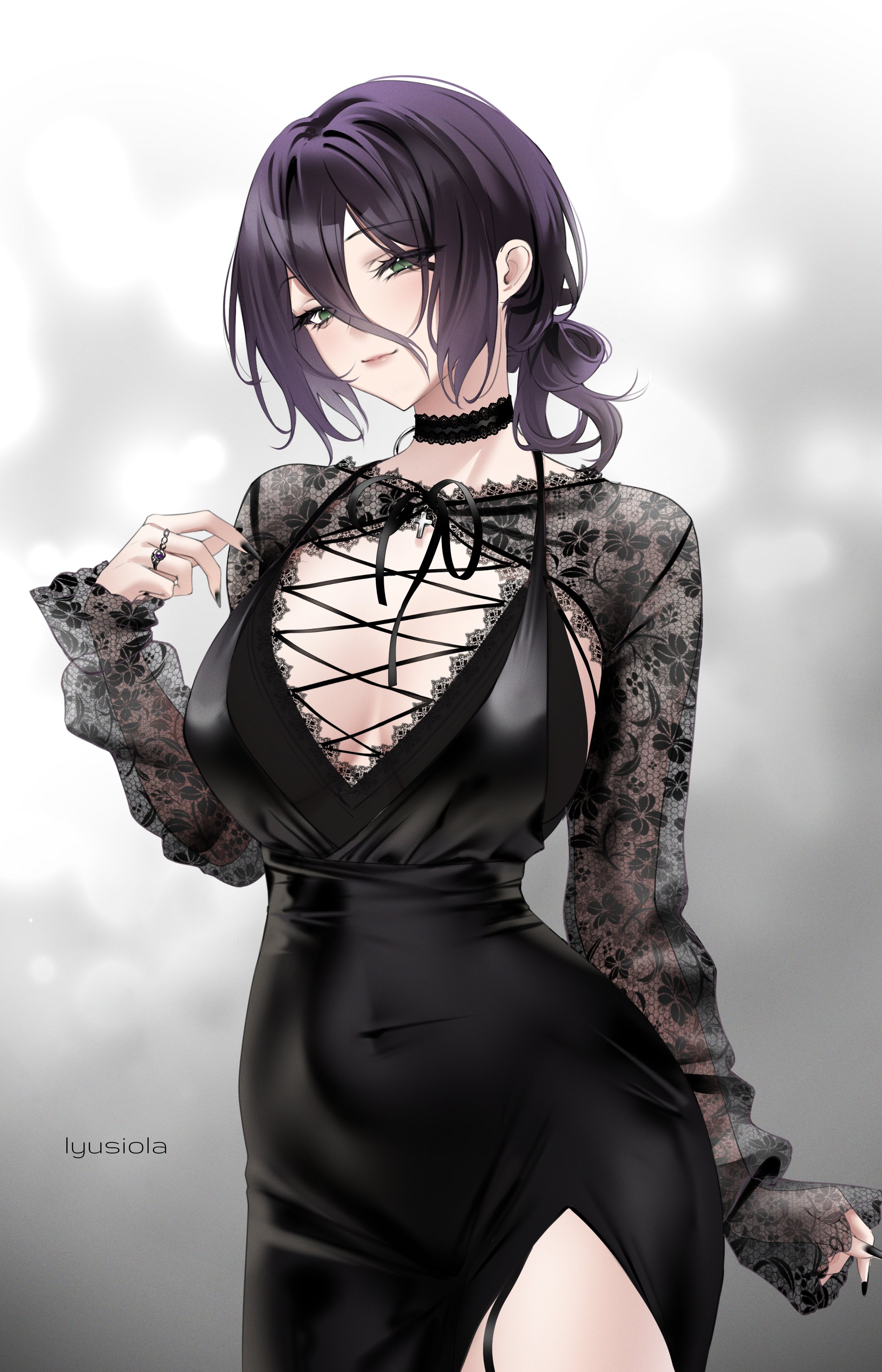 lyusiola, reze (chainsaw man), chainsaw man, absurdres, commentary, highres, 1girl, black choker, black dress, black nails, black shrug, breasts, choker, cleavage, closed mouth, covered navel, cross-laced clothes, cross-laced dress, dress, gradient background, green eyes, grenade pin, grey background, hair between eyes, hair rings, hand up, lace-trimmed choker, lace shrug, lace trim, large breasts, light smile, long hair between eyes, looking at viewer, nail polish, purple hair, see-through shrug, short hair, shrug (clothing), side slit, simple background, single hair ring, sleeves past wrists, solo, thigh strap
