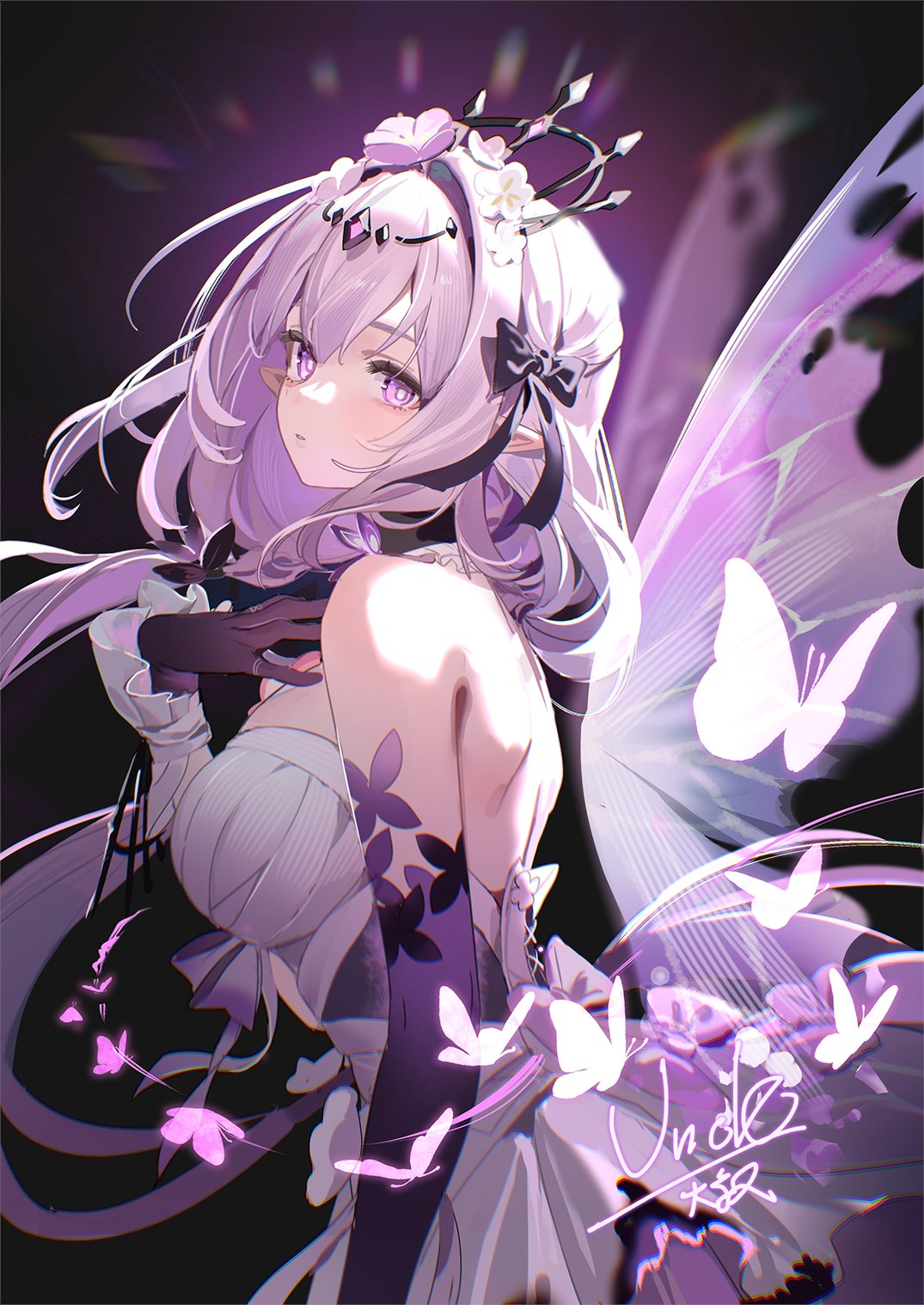 ruiuncle, seele (honkai: star rail), honkai: star rail, honkai (series), 1girl, artist name, bare back, bare shoulders, bug, butterfly, elbow gloves, gloves, insect, pointy ears, purple eyes, purple hair, solo, wings
