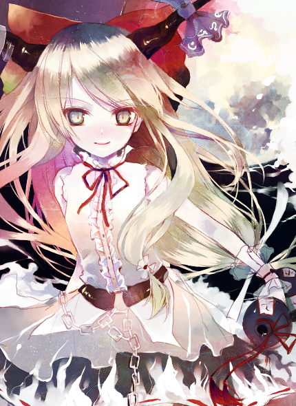 prino hawell, ibuki suika, touhou, bad id, bad pixiv id, 1girl, bow, female focus, gourd, hair bow, horns, long hair, solo