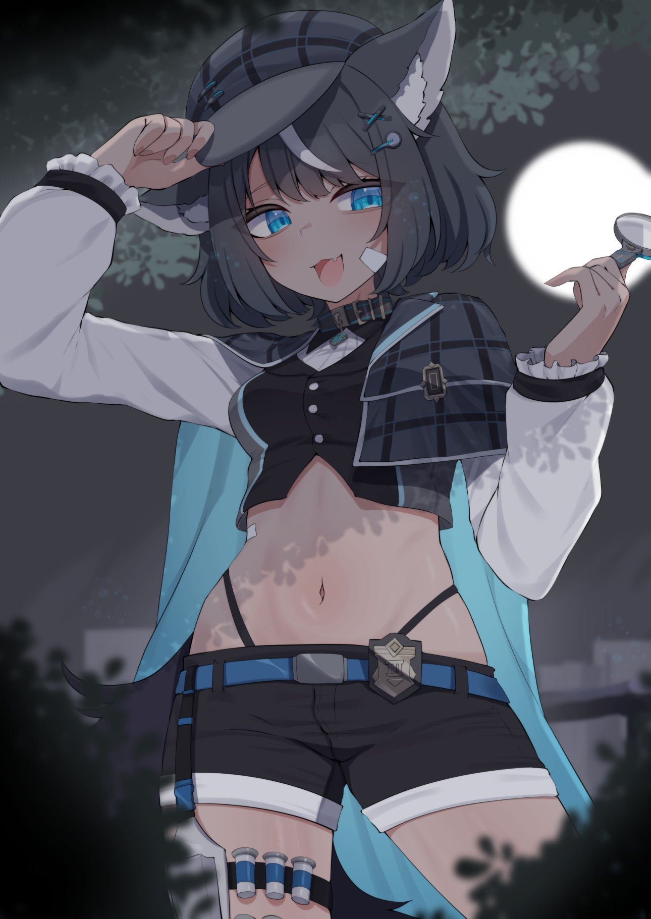 valefal coneri, fangsie fido, variance project, commentary, commission, english commentary, highres, 1girl, animal ear fluff, animal ears, belt, black hair, black hat, black shorts, blue belt, blue eyes, breasts, buttons, dog ears, dog girl, dog tail, hair ornament, hat, holding, holding magnifying glass, magnifying glass, navel, open mouth, short shorts, shorts, solo, stomach, tail, thigh strap, virtual youtuber, white hair