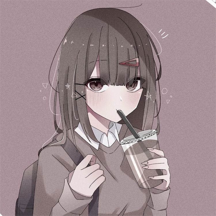 nikki (series), shining nikki, 1girl, backpack, bag, black bag, blunt bangs, boots, brown boots, brown eyes, brown hair, brown sweater, brown theme, collared shirt, cup, disposable cup, dot nose, drink, drinking, drinking straw, eyes visible through hair, film grain, fingernails, fujita (pixiv 74590571), hair ornament, hairclip, holding, holding bag, holding drink, light blush, long hair, long sleeves, looking at viewer, notice lines, shirt, shirt under sweater, simple background, solo, stylist (nikki), sweater, upper body, white shirt, x hair ornament