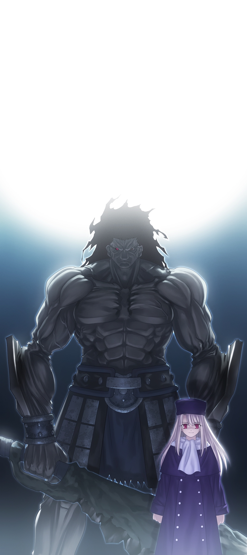 takeuchi takashi, heracles (fate), illyasviel von einzbern, fate/stay night, fate (series), type-moon, game cg, highres, 00s, 1boy, 1girl, gradient background, hat, long hair, purple hat, red eyes, size difference, white hair