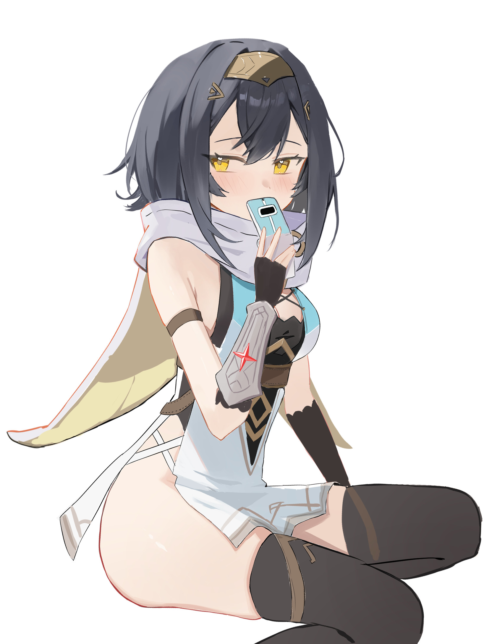lizard0221, amber (stella sora), stella sora, commentary, highres, 1girl, arm guards, armband, armpit crease, ass, black armband, black gloves, black hair, black thighhighs, breasts, cellphone, covered mouth, dress, fingerless gloves, flip phone, gloves, hair between eyes, holding, holding phone, light blush, looking at viewer, medium breasts, medium hair, phone, scarf, sitting, skindentation, solo, thighhighs, thighs, tiara, white dress, white scarf, yellow eyes