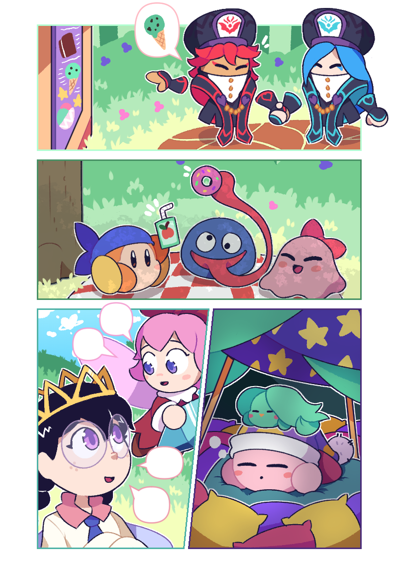 skewedcanvas, bandana waddle dee, chuchu (kirby), elfilin, flamberge (kirby), francisca (kirby), gooey (kirby), kirby, ribbon (kirby), ripple star queen, sleep kirby, kirby (series), nintendo, 4girls, bandana, black hair, blue bandana, blue hair, blush stickers, copy ability, crown, donut, fairy, fairy wings, food, freckles, glasses, holding hands, holding juice box, long tongue, multiple girls, pink hair, purple eyes, rayman limbs, red hair, round eyewear, spoken food, star (symbol), tongue, tongue out, tree shade, wings